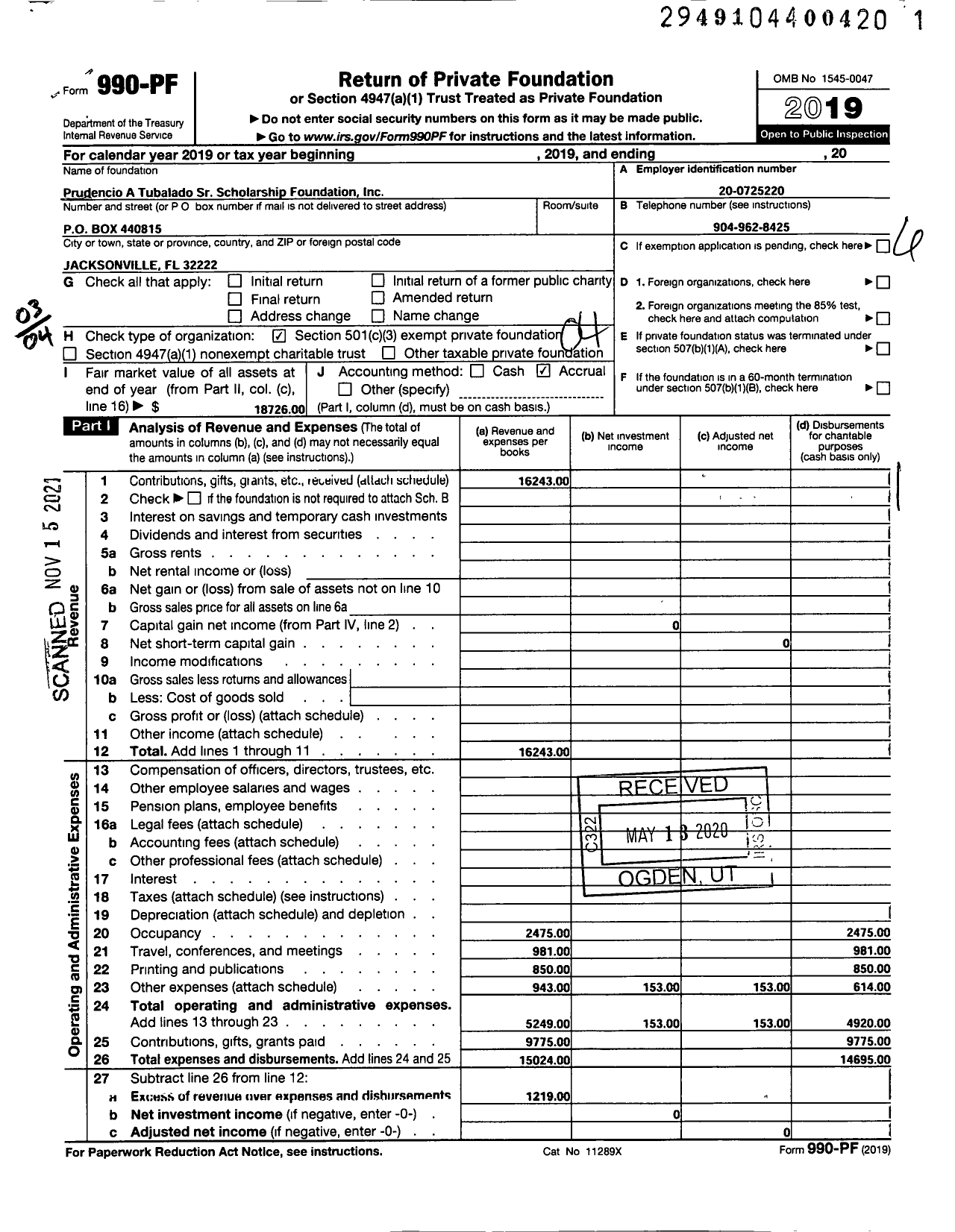 Image of first page of 2019 Form 990PF for Prudencio A Tubalado SR Scholarship Foundation