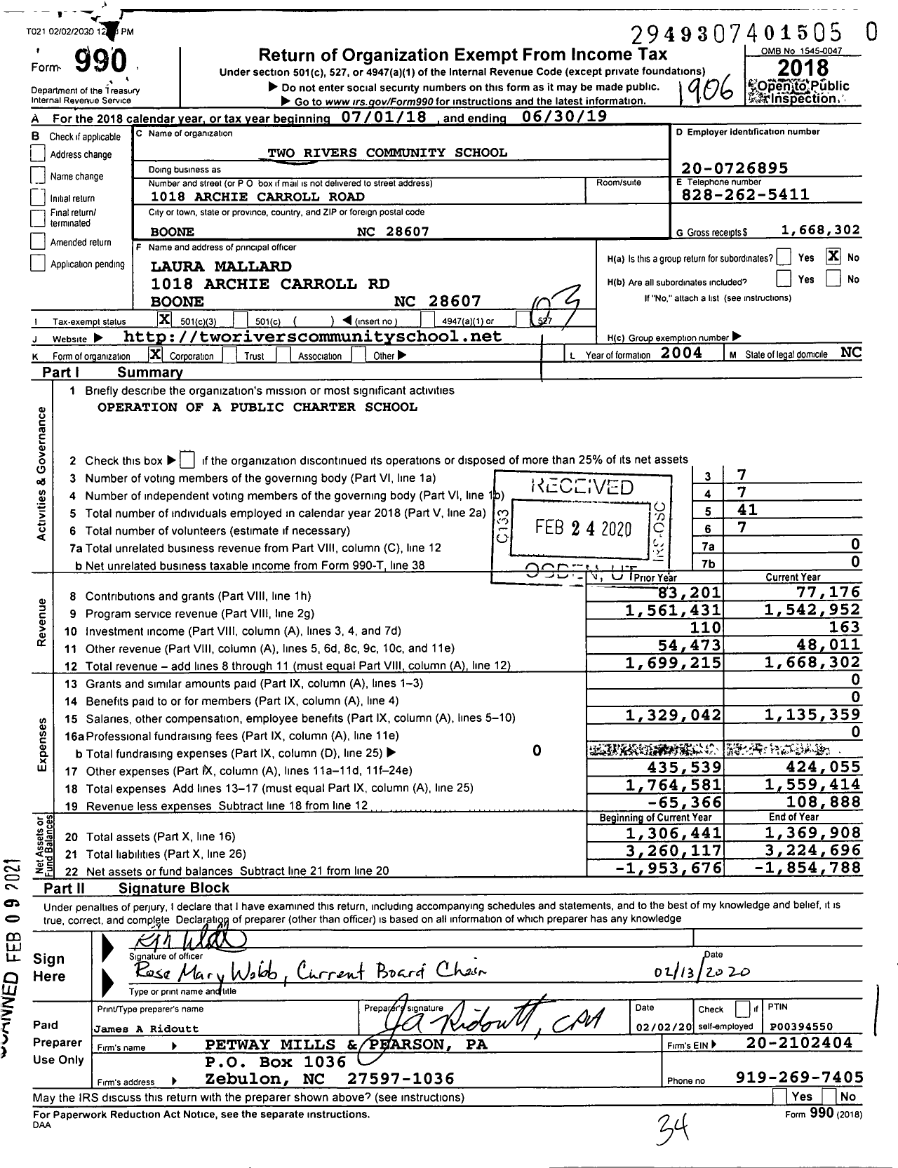 Image of first page of 2018 Form 990 for Two Rivers Community School