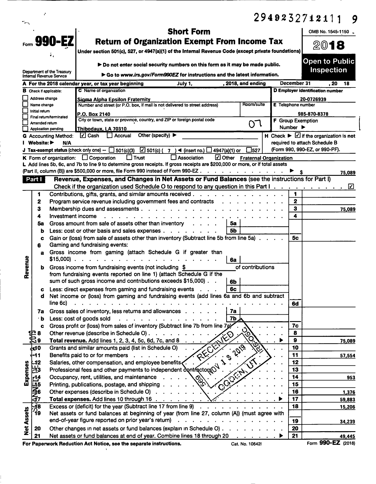 Image of first page of 2018 Form 990EO for Sigma Alpha Epsilon Fraternity - Louisiana Chi