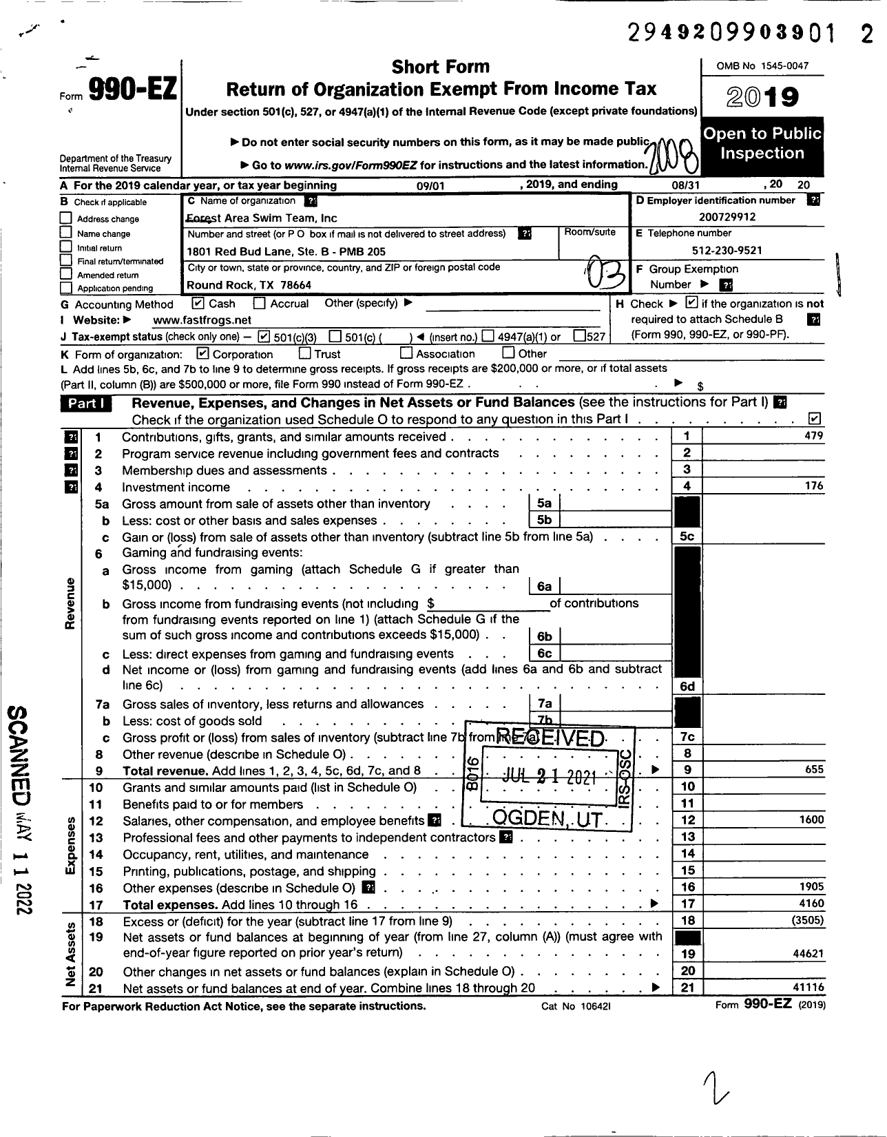 Image of first page of 2019 Form 990EZ for Forest Area Swim Team