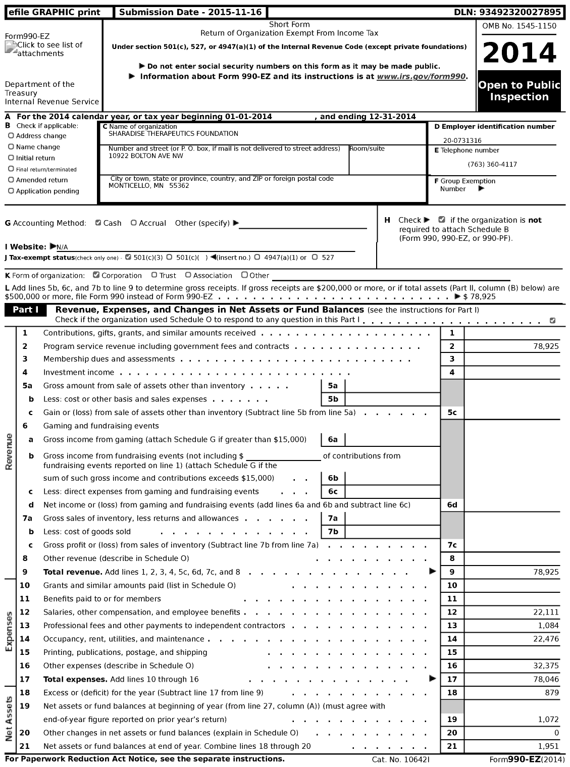 Image of first page of 2014 Form 990EZ for Sharadise Therapeutics Foundation