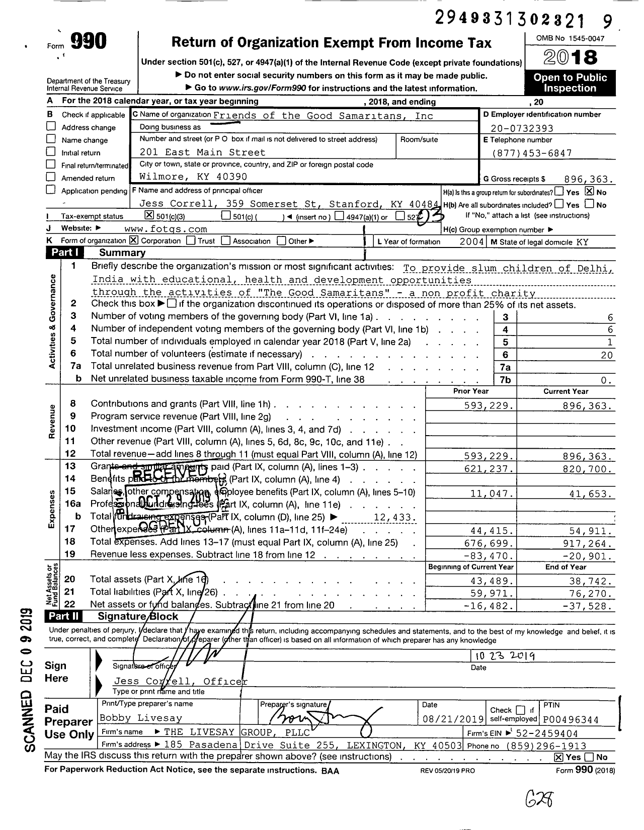 Image of first page of 2018 Form 990 for Friends of the Good Samaritans