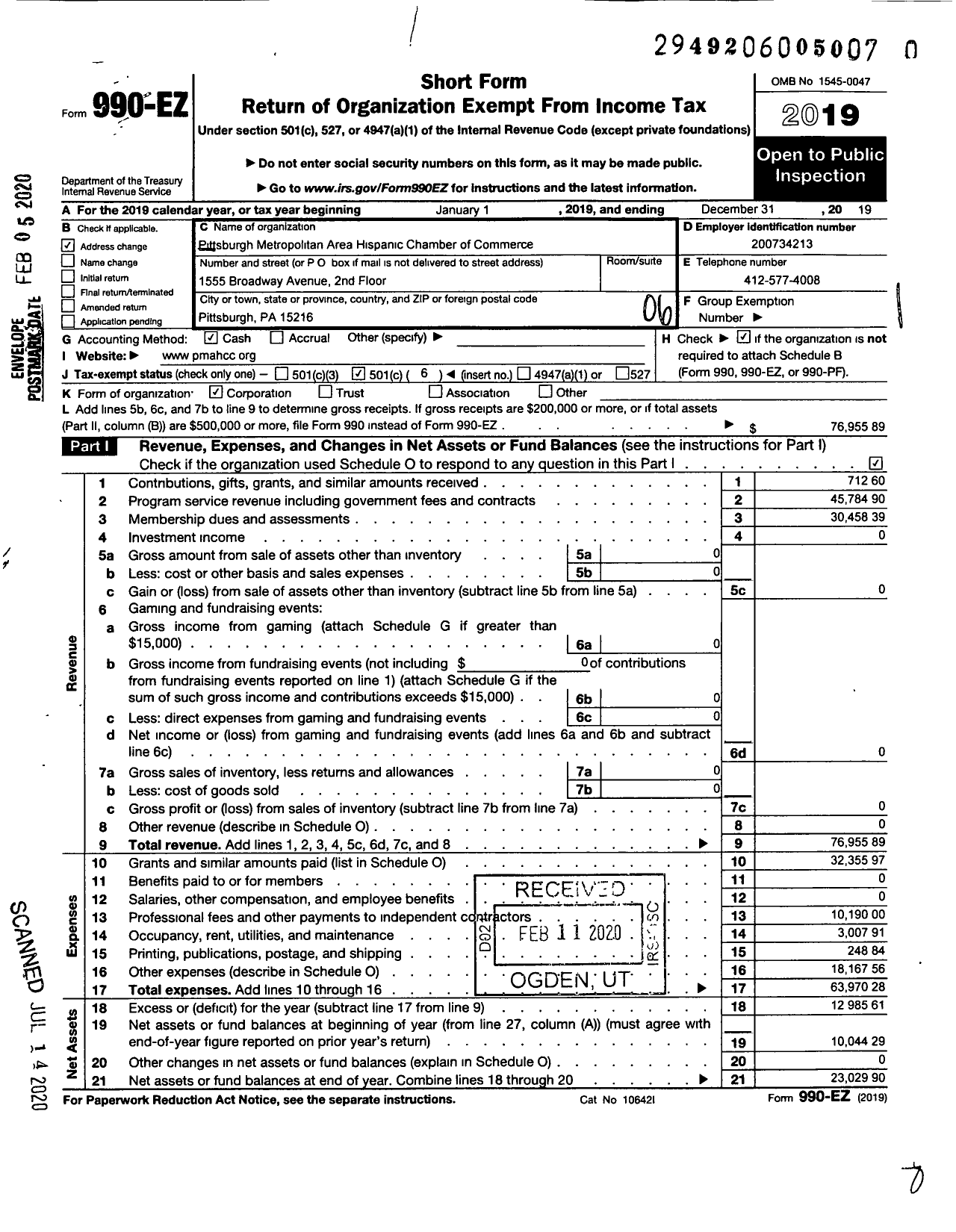 Image of first page of 2019 Form 990EO for Pittsburgh Metropolitan Area Hispanic Chamber of Commerce