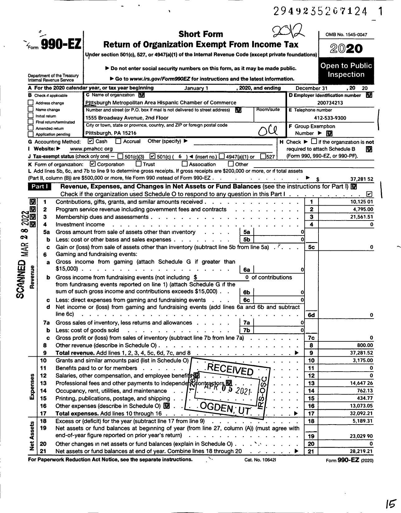 Image of first page of 2020 Form 990EO for Pittsburgh Metropolitan Area Hispanic Chamber of Commerce