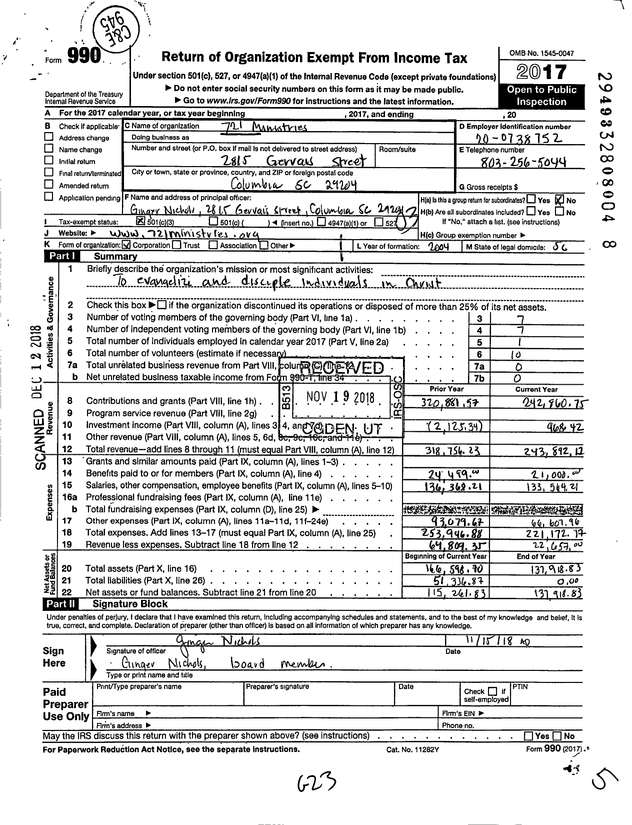 Image of first page of 2017 Form 990 for 721 Ministries