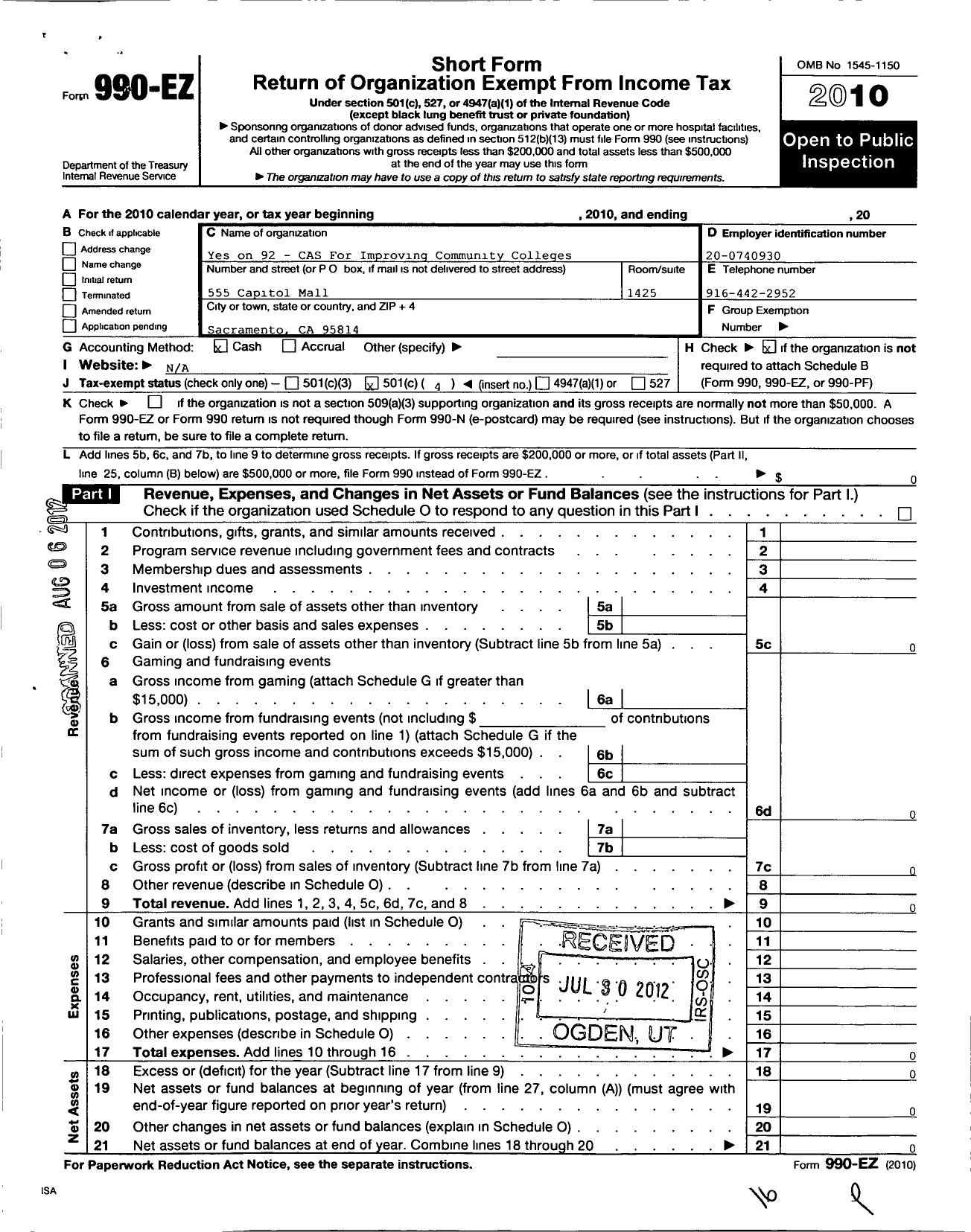 Image of first page of 2010 Form 990EO for Californians for Community Colleges