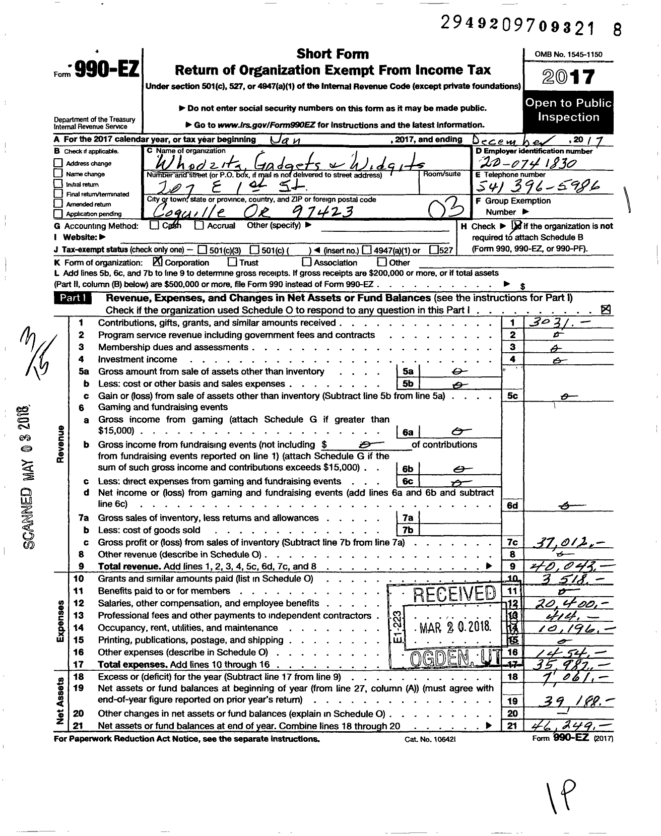 Image of first page of 2017 Form 990EZ for Whoozits Whatsits Gadgets and Widgets