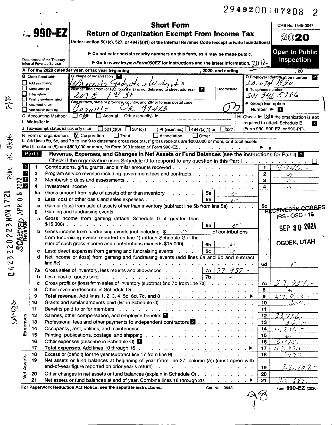 Image of first page of 2020 Form 990EZ for Whoozits Whatsits Gadgets and Widgets