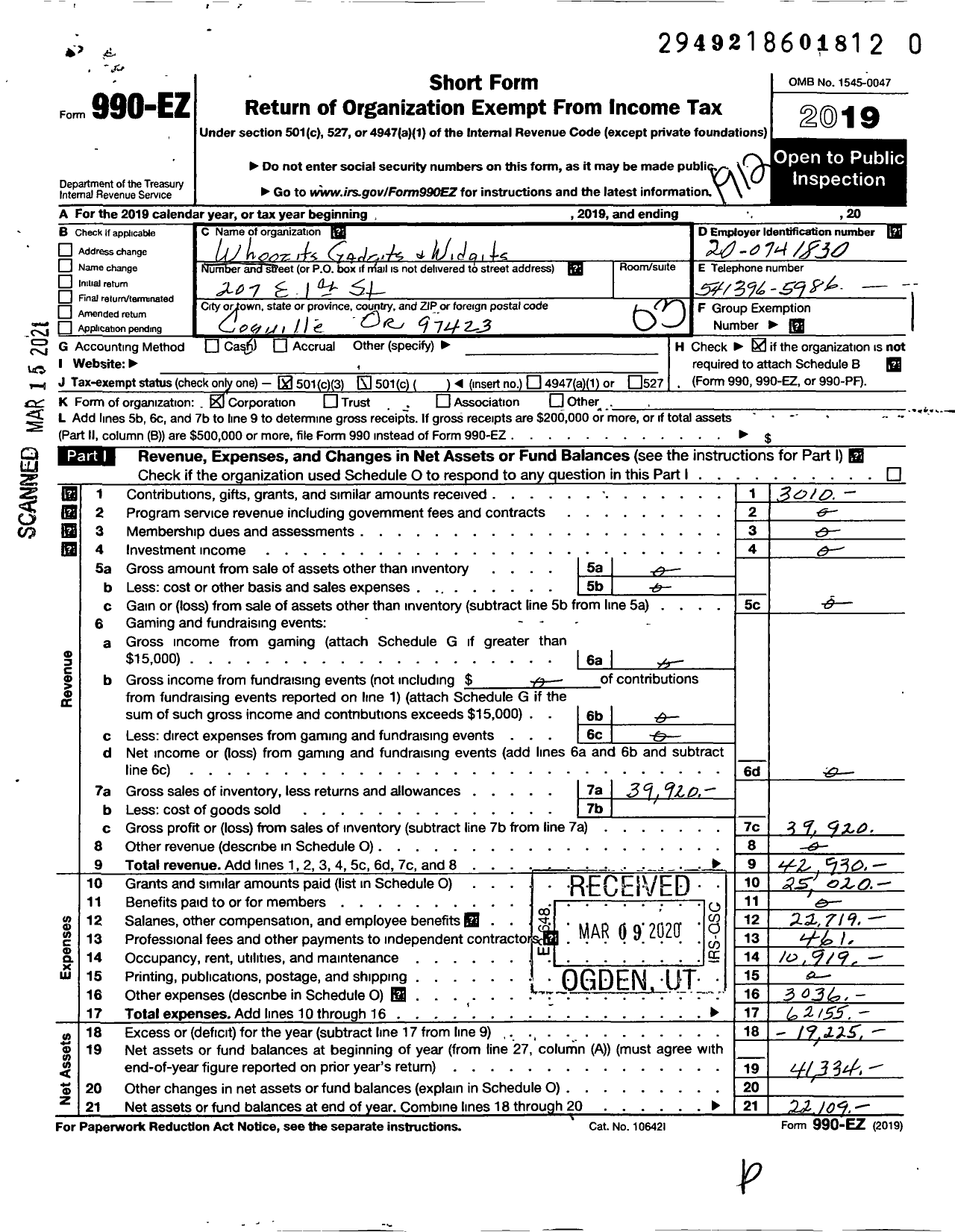 Image of first page of 2019 Form 990EZ for Whoozits Whatsits Gadgets and Widgets