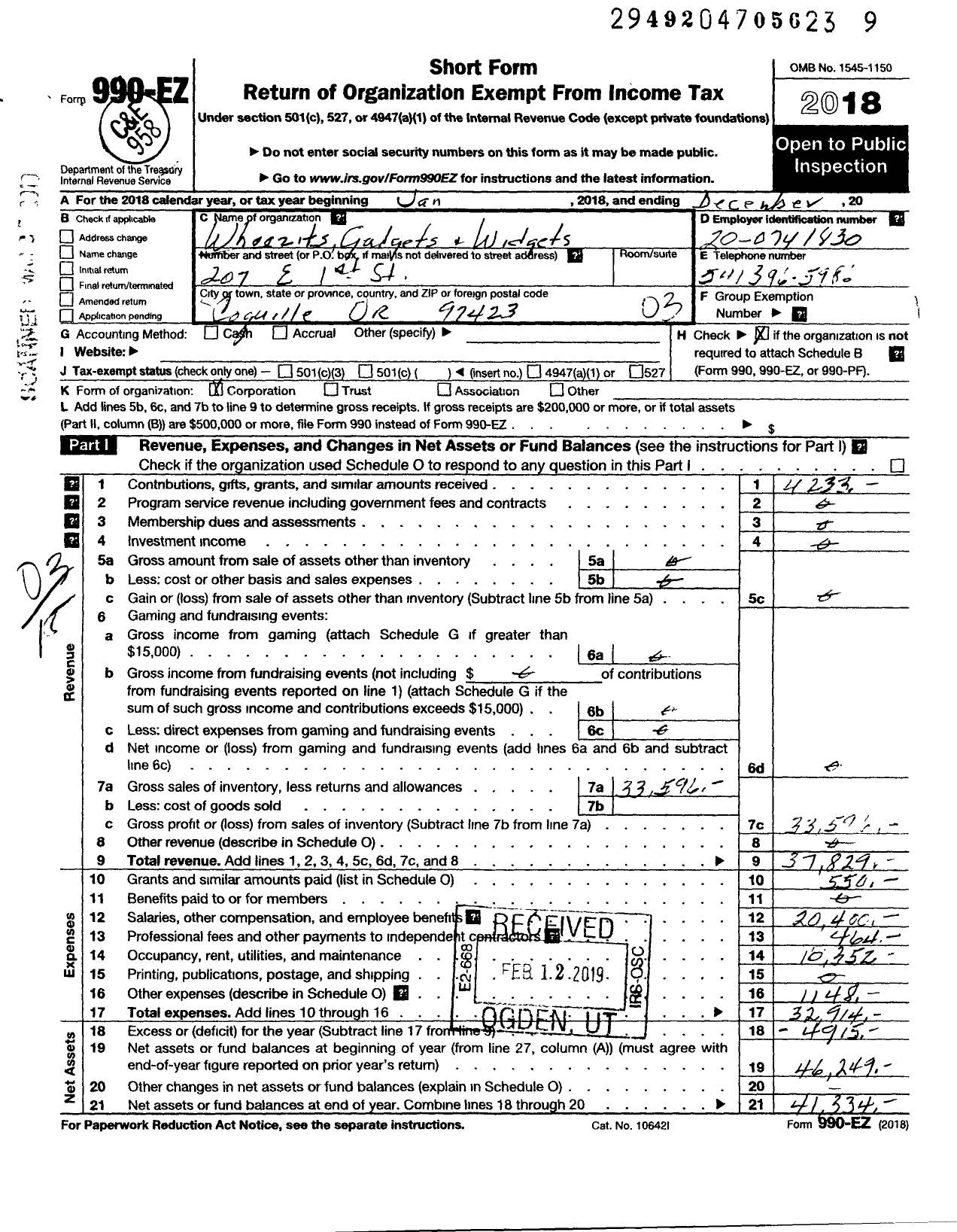 Image of first page of 2018 Form 990EZ for Whoozits Whatsits Gadgets and Widgets