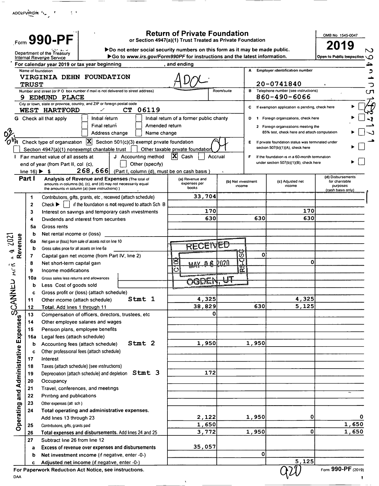 Image of first page of 2019 Form 990PF for Virginia Dehn Foundation Trust