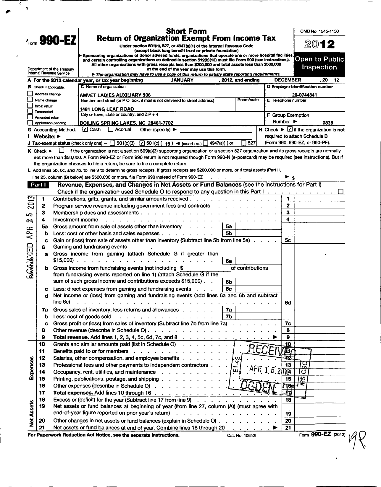 Image of first page of 2012 Form 990EO for Amvets - 906 Ladies Auxiliary