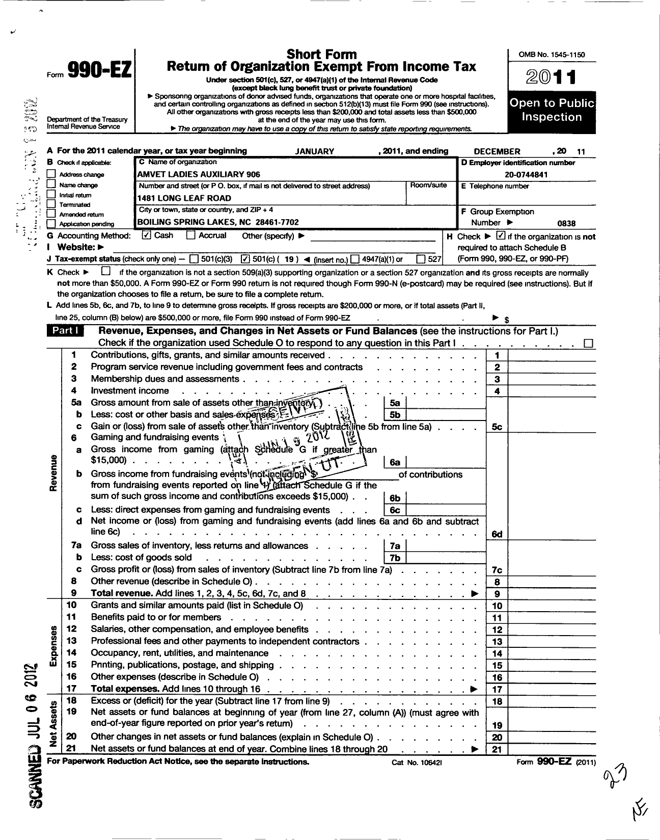 Image of first page of 2011 Form 990EO for Amvets - 906 Ladies Auxiliary