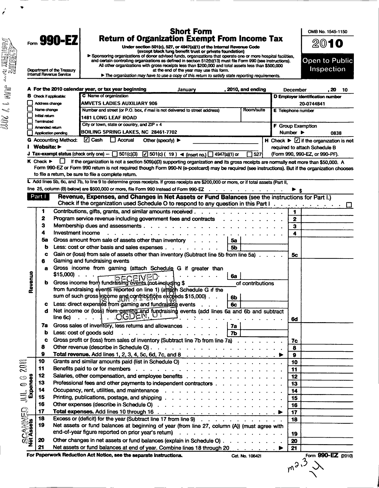 Image of first page of 2010 Form 990EO for Amvets - 906 Ladies Auxiliary