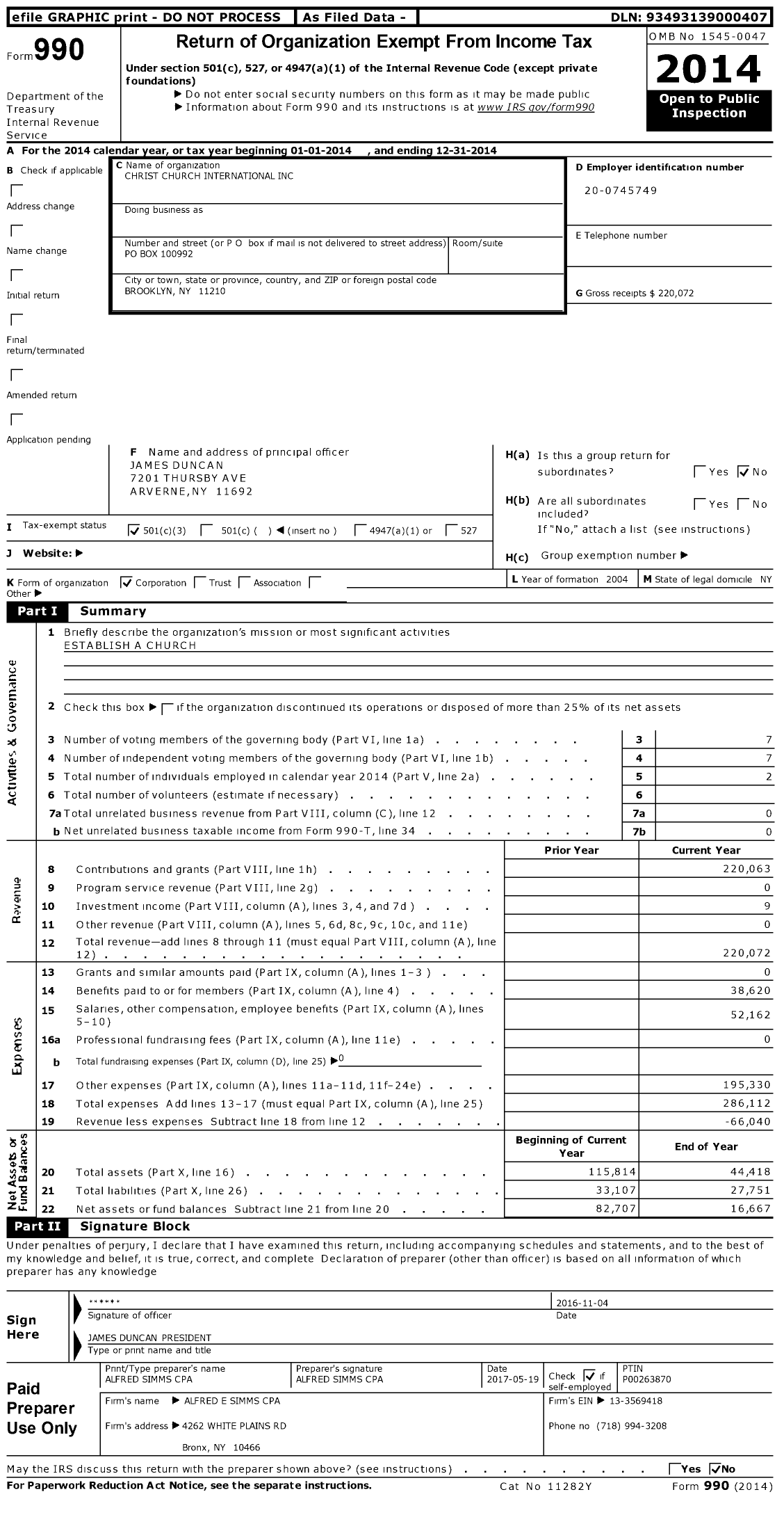 Image of first page of 2014 Form 990 for Christ Church International