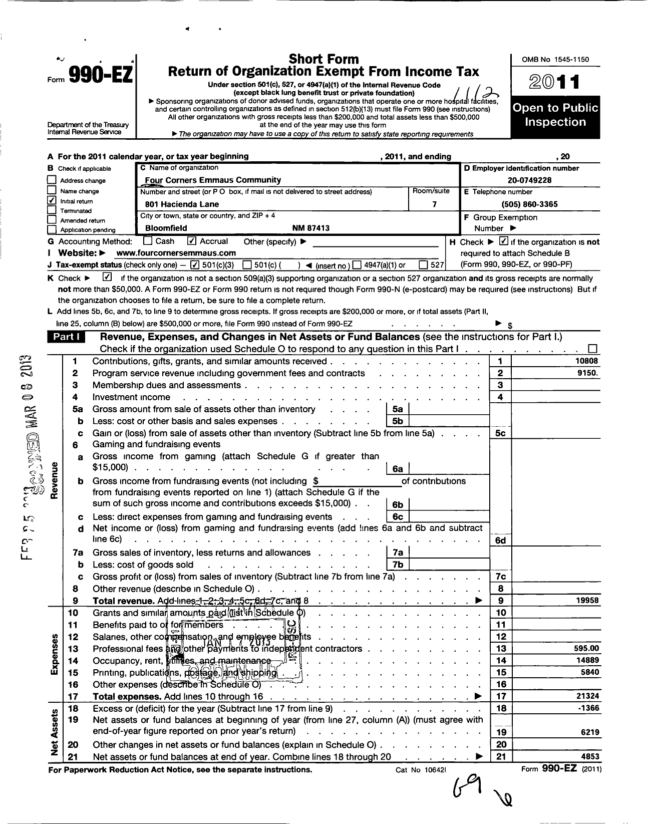 Image of first page of 2011 Form 990EZ for Four Corners Emmaus Community