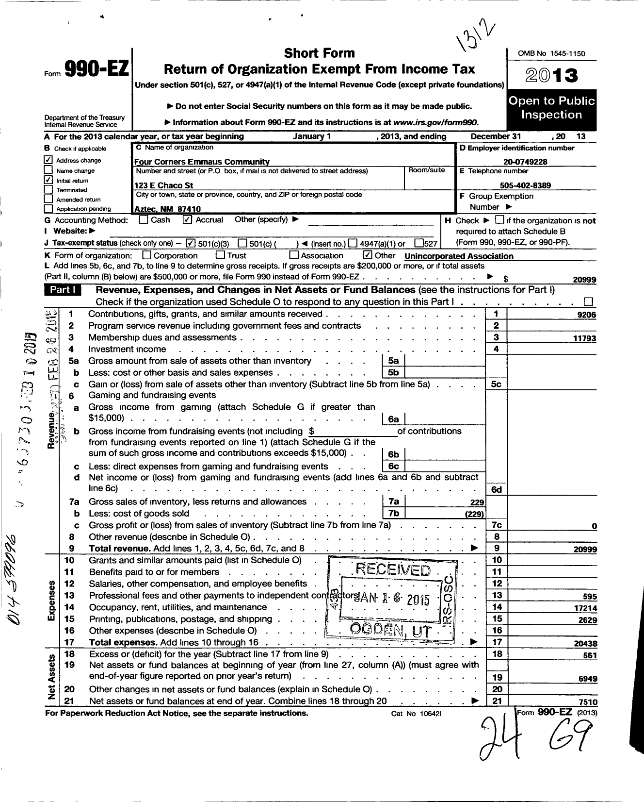 Image of first page of 2013 Form 990EZ for Four Corners Emmaus Community