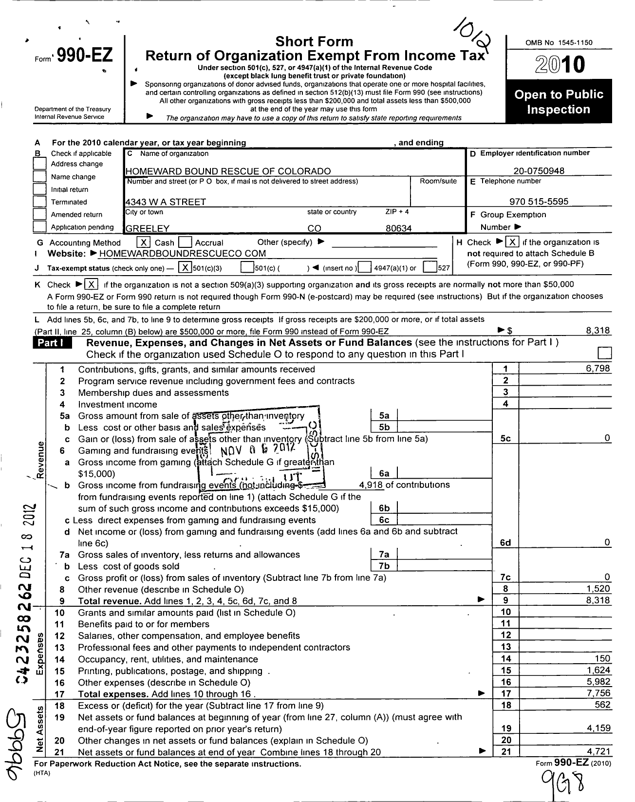 Image of first page of 2010 Form 990EZ for Homeward Bound Rescue of Colorado