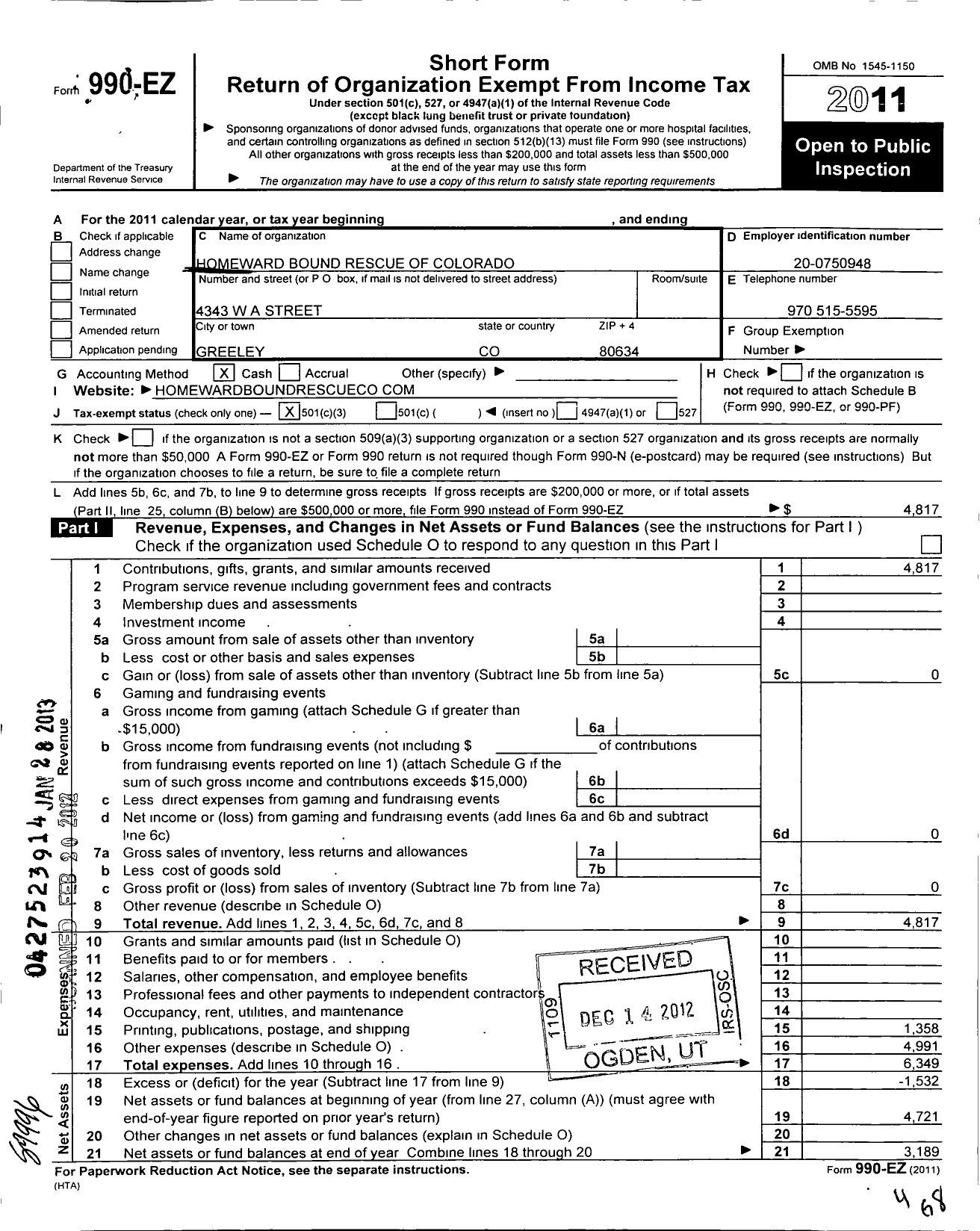 Image of first page of 2011 Form 990EZ for Homeward Bound Rescue of Colorado