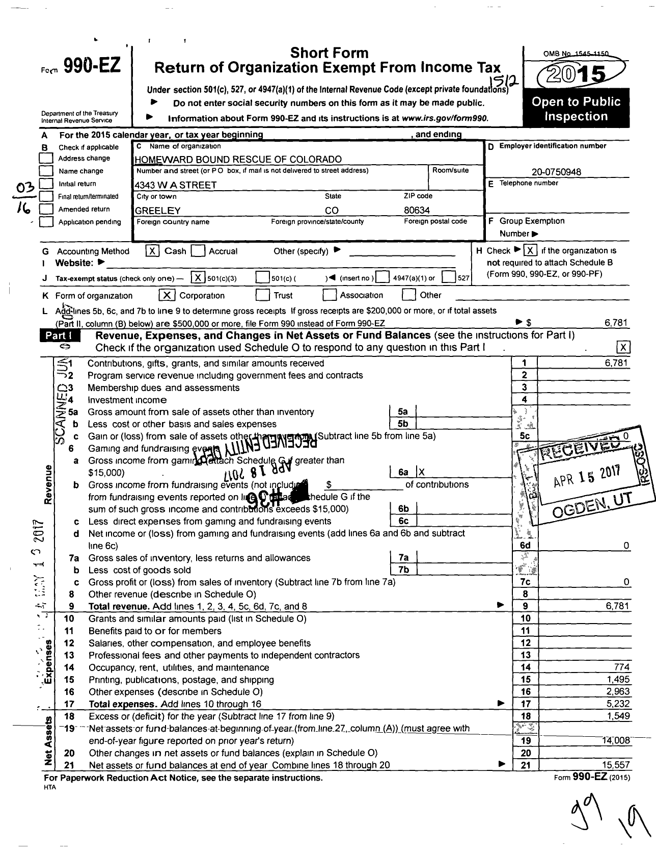 Image of first page of 2015 Form 990EZ for Homeward Bound Rescue of Colorado