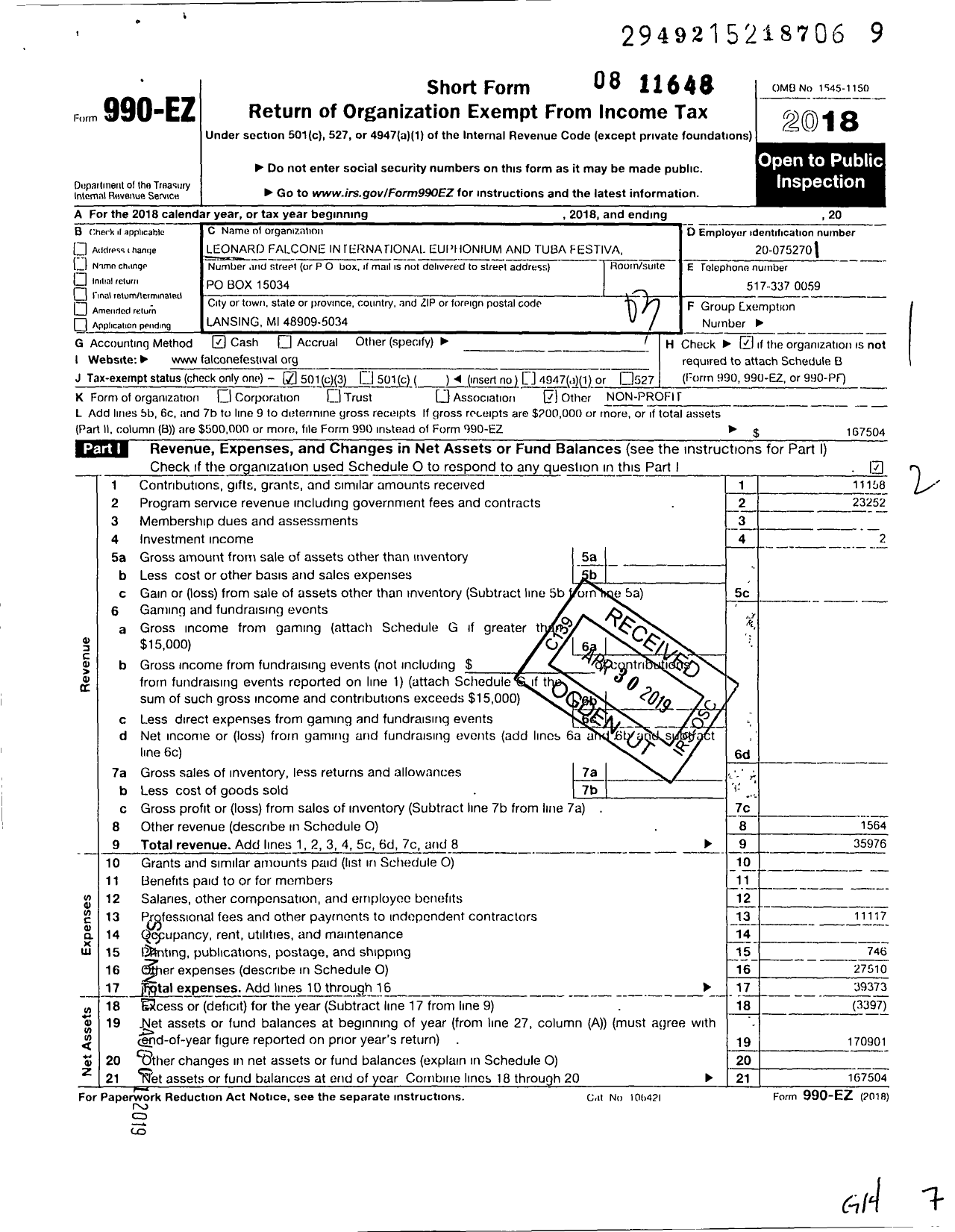 Image of first page of 2018 Form 990EZ for Leonard Falcone Intrnational Euphonium and Tuba Festival