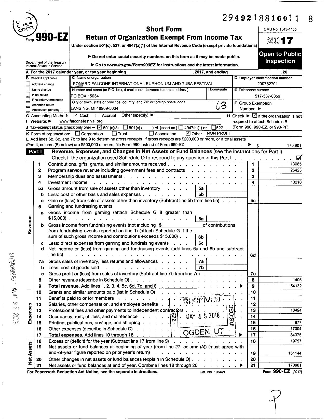 Image of first page of 2017 Form 990EZ for Leonard Falcone Intrnational Euphonium and Tuba Festival