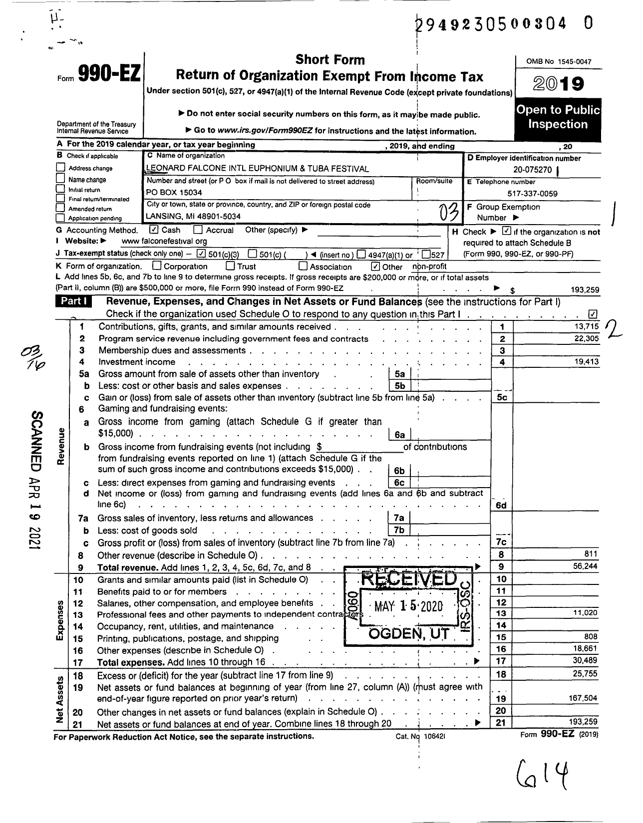 Image of first page of 2019 Form 990EZ for Leonard Falcone Intrnational Euphonium and Tuba Festival