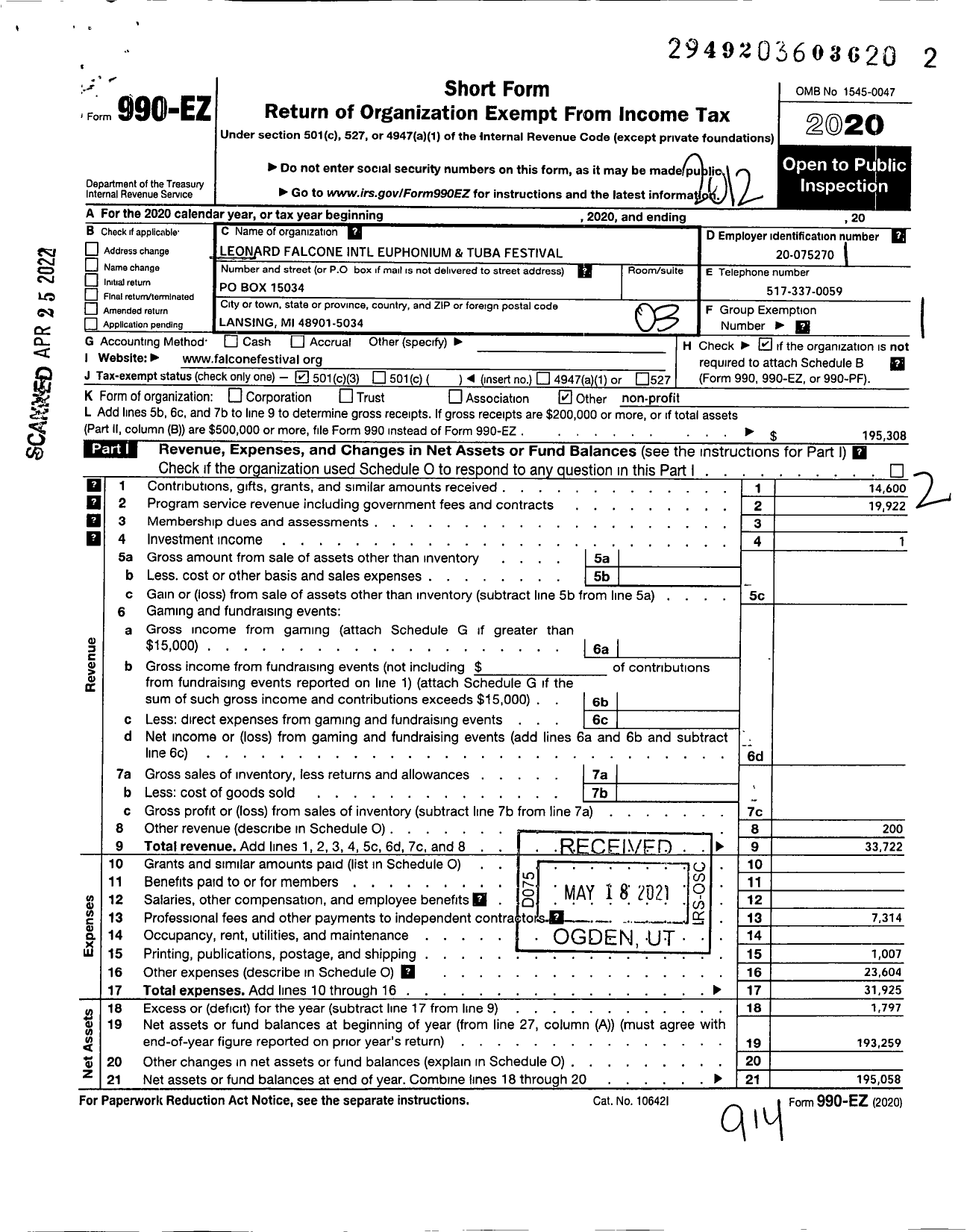 Image of first page of 2020 Form 990EZ for Leonard Falcone Intrnational Euphonium and Tuba Festival