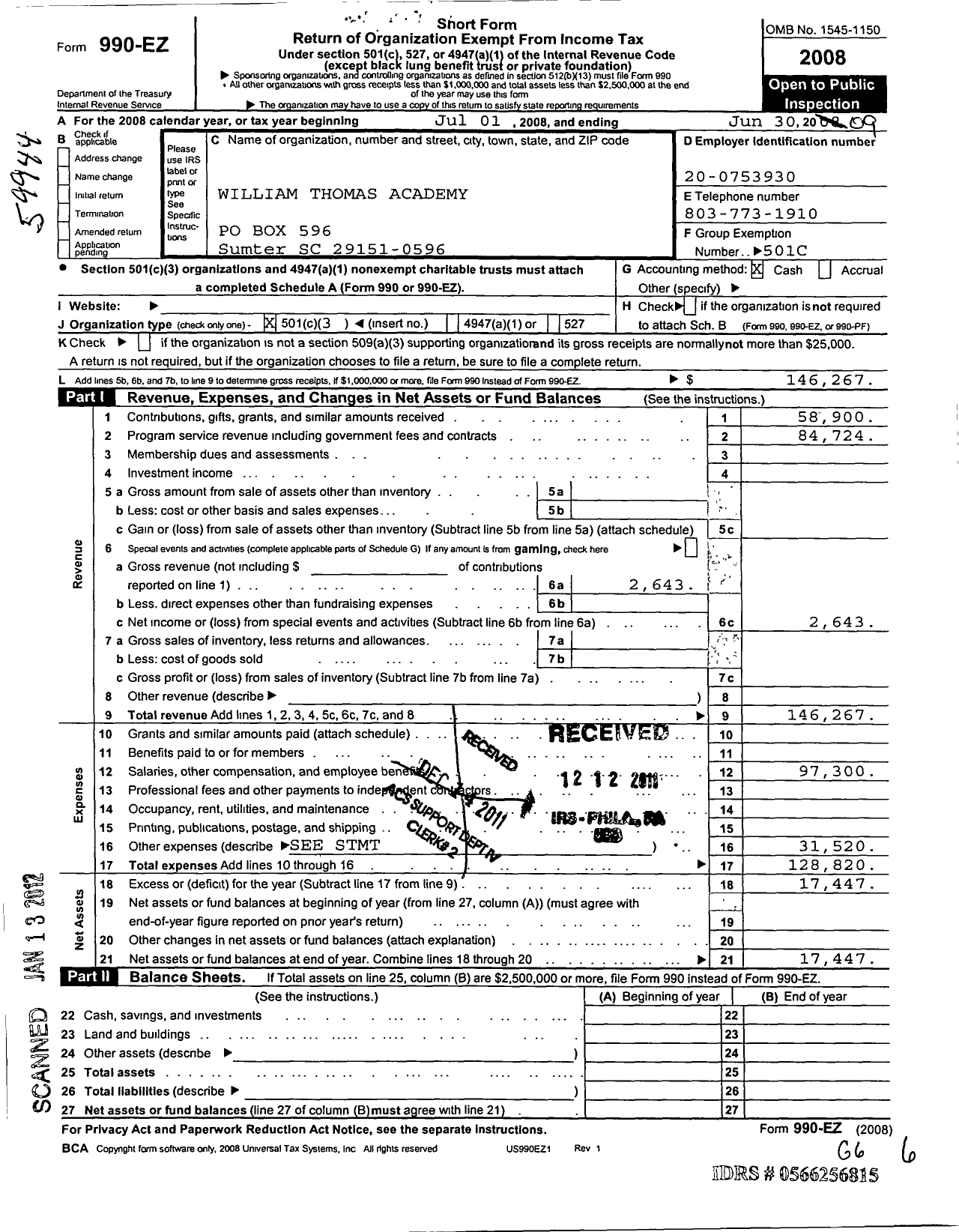 Image of first page of 2008 Form 990EZ for William Thomas Academy