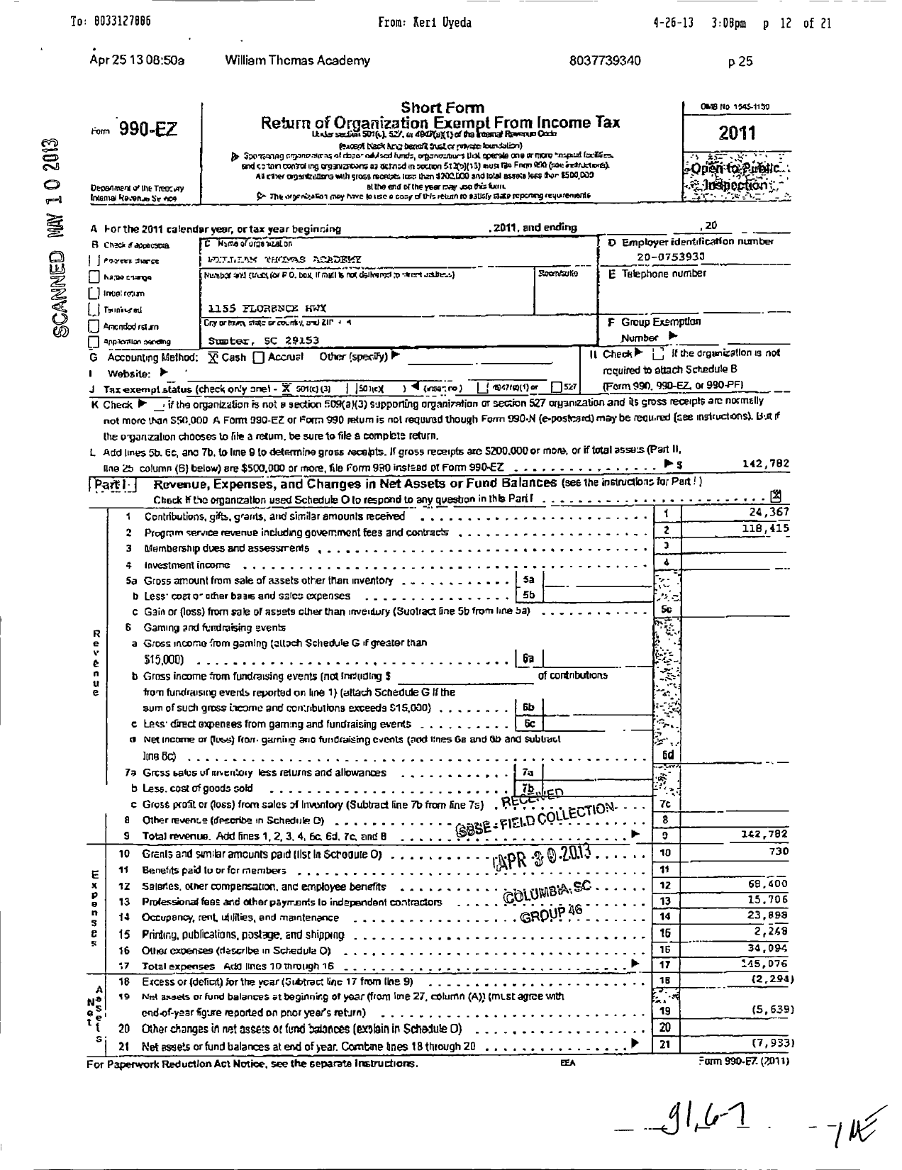 Image of first page of 2011 Form 990EZ for William Thomas Academy