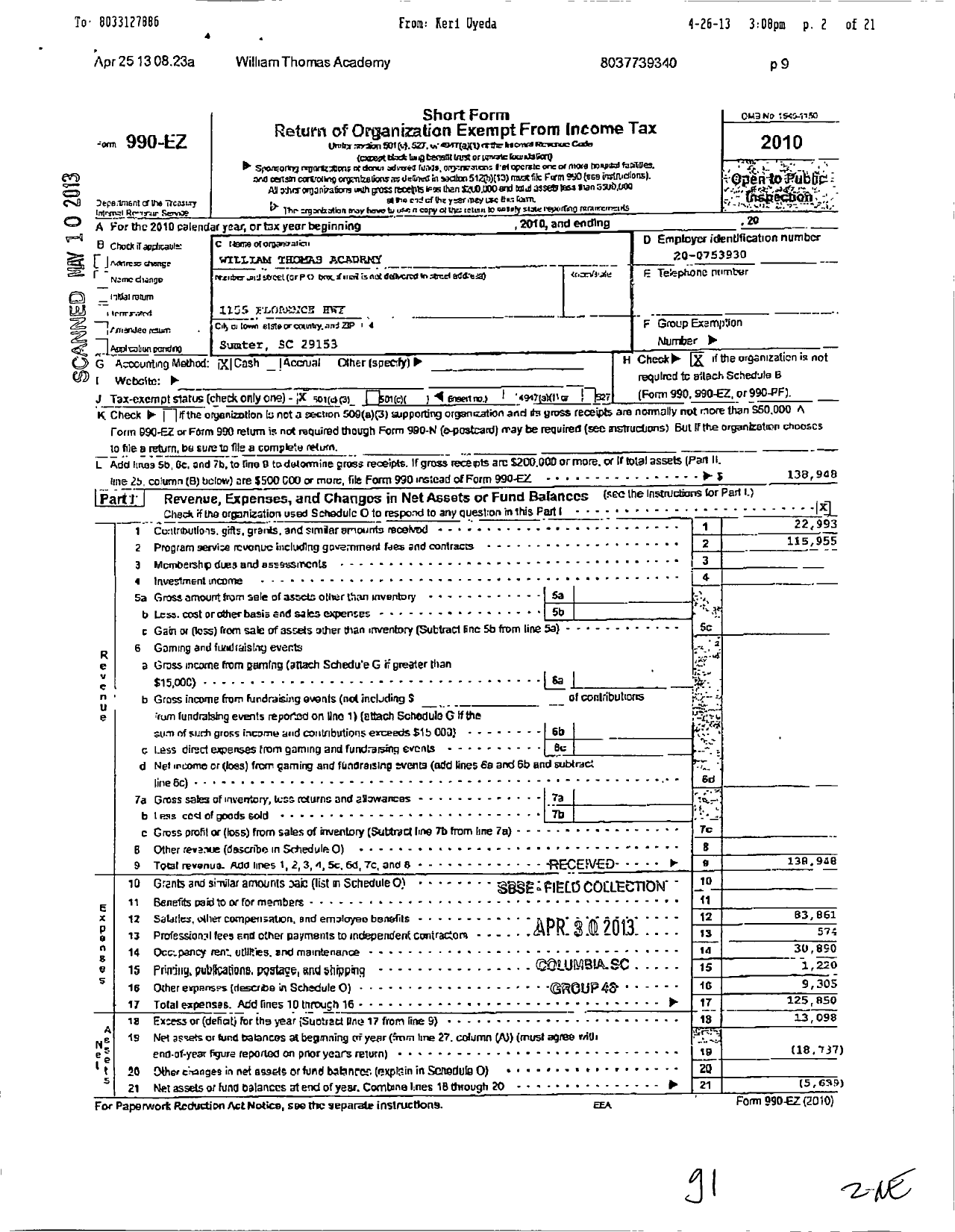 Image of first page of 2010 Form 990EZ for William Thomas Academy