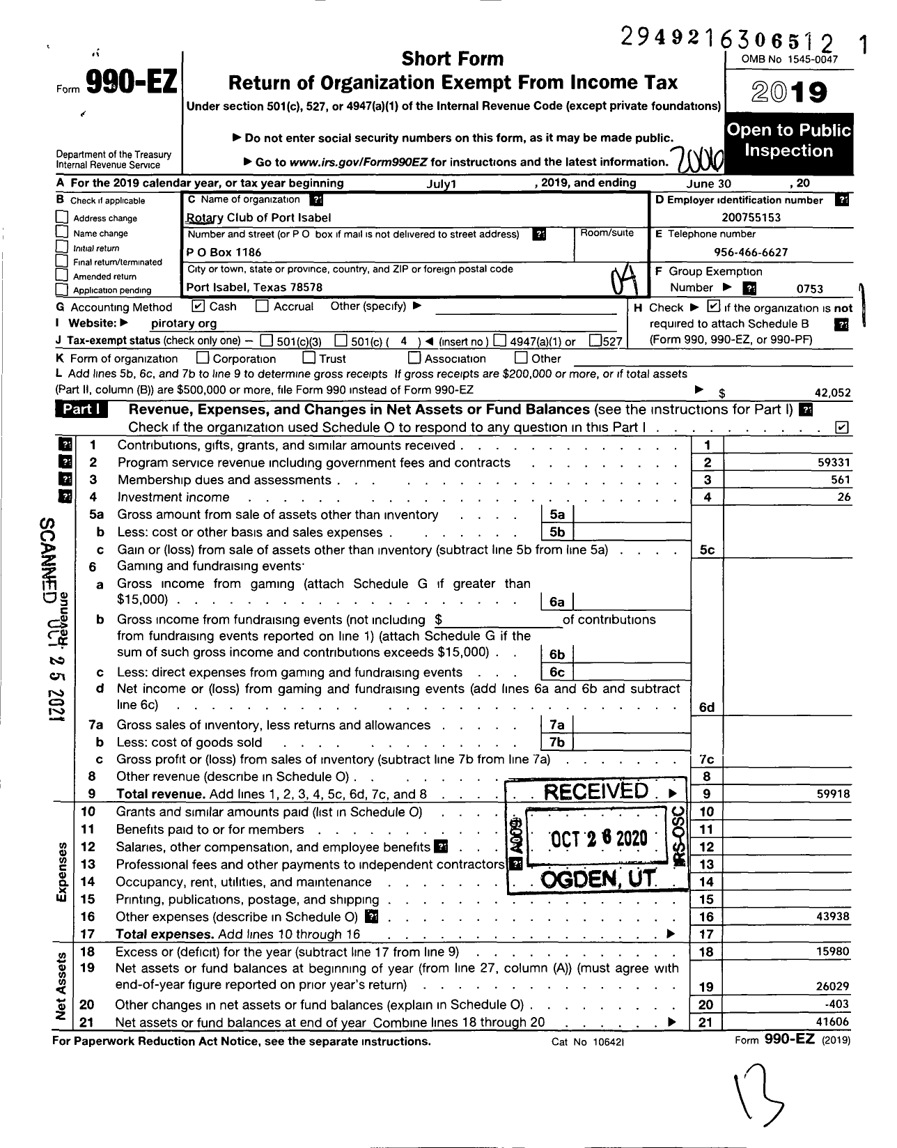 Image of first page of 2019 Form 990EO for Rotary International - Port Isabel Rotary Club