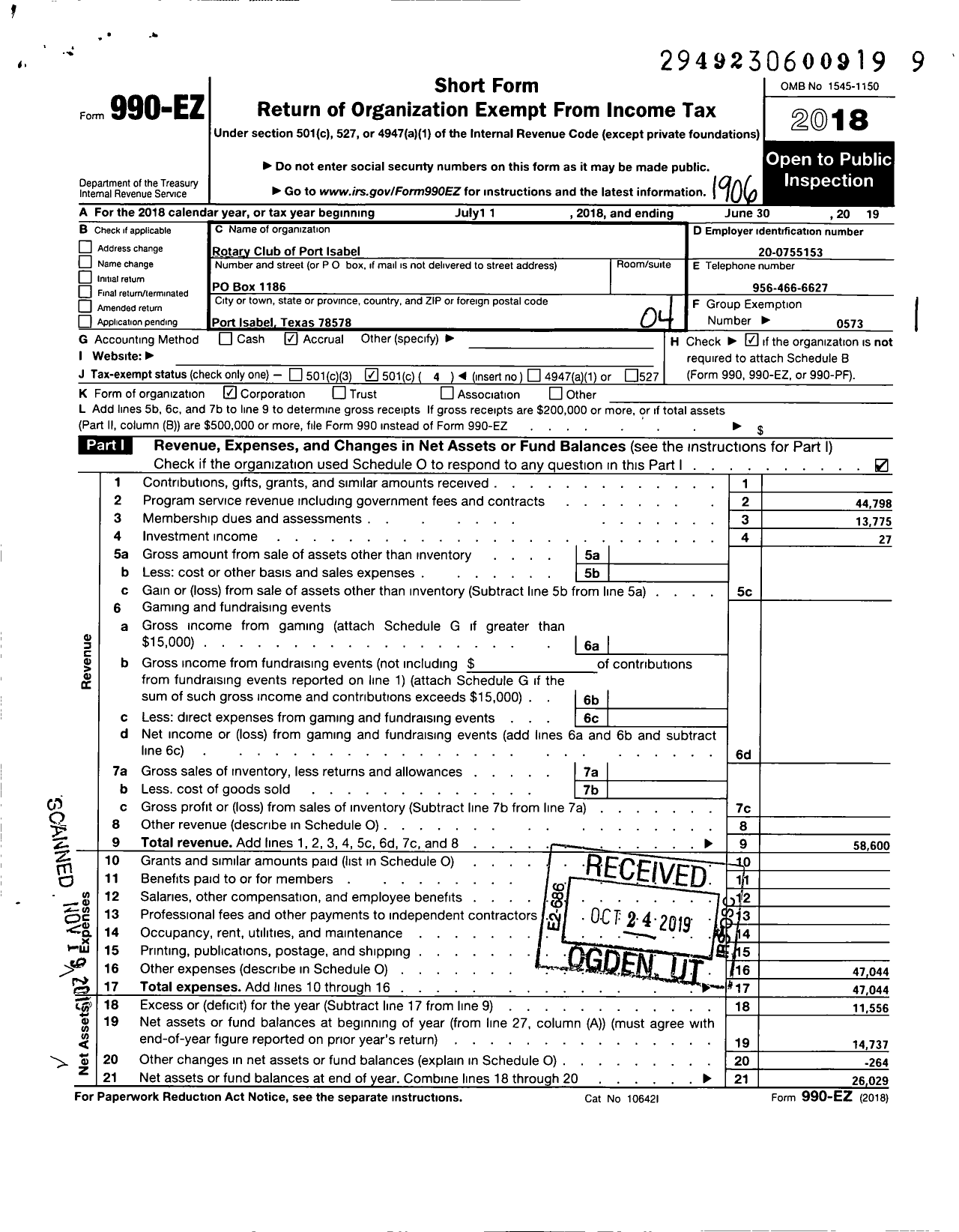 Image of first page of 2018 Form 990EO for Rotary International - Port Isabel Rotary Club