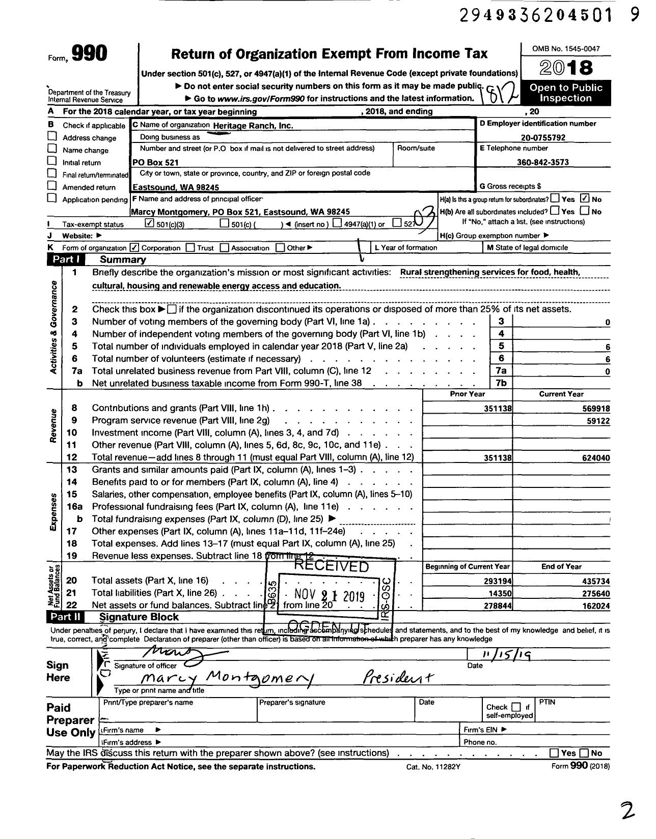 Image of first page of 2018 Form 990 for Heritage Ranch