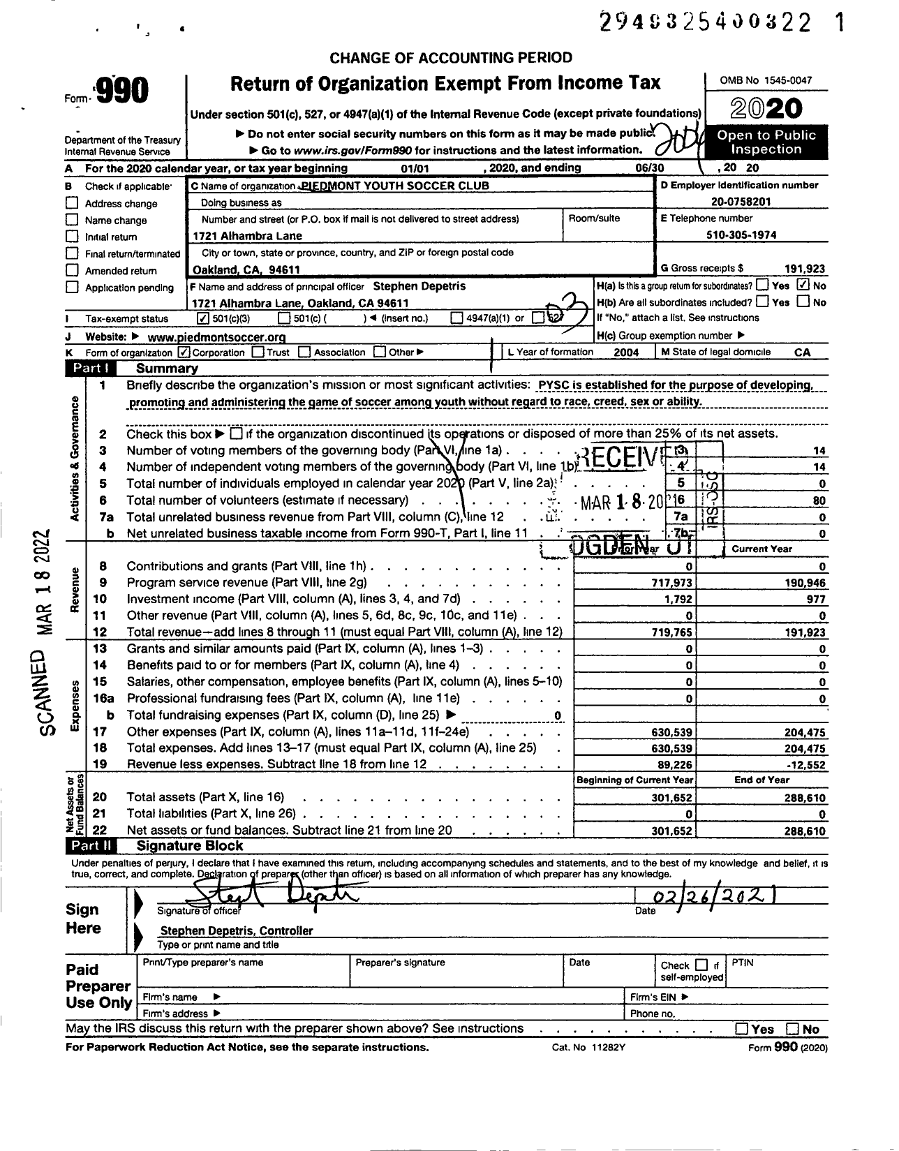 Image of first page of 2019 Form 990 for Piedmont Youth Soccer Club