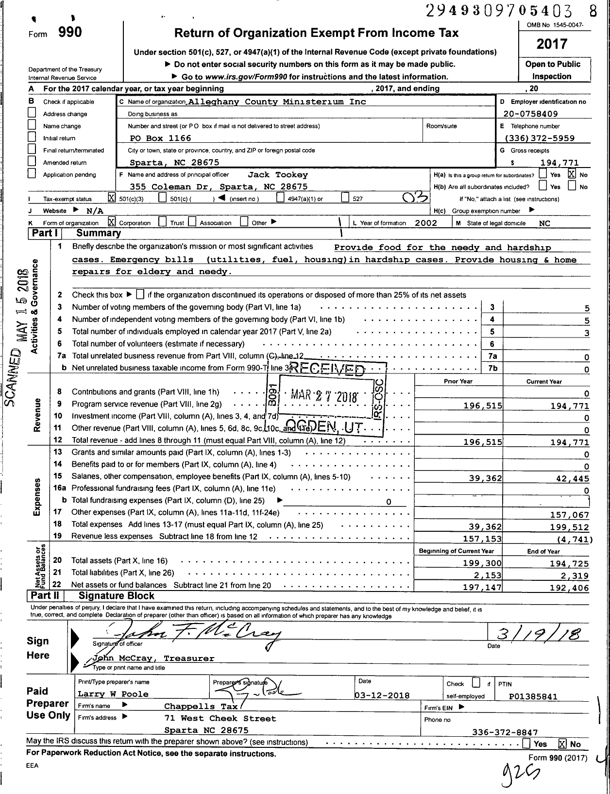 Image of first page of 2017 Form 990 for Alleghany County Ministerium