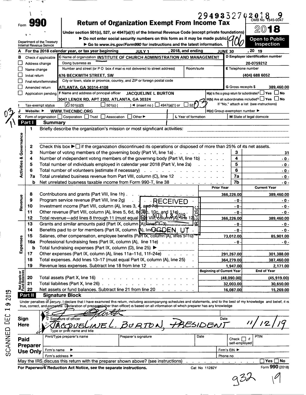 Image of first page of 2018 Form 990 for Institute of Church Administration and Management