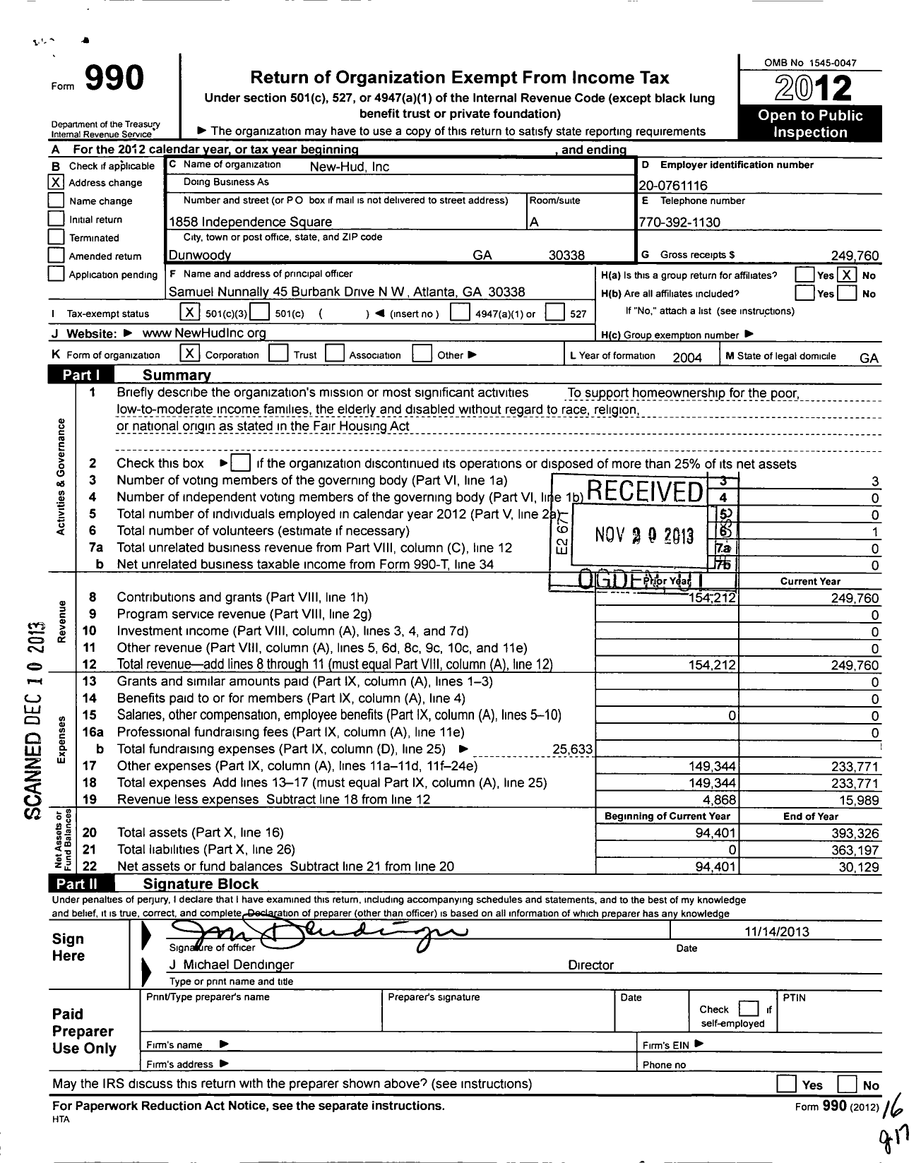 Image of first page of 2012 Form 990 for New-Hud