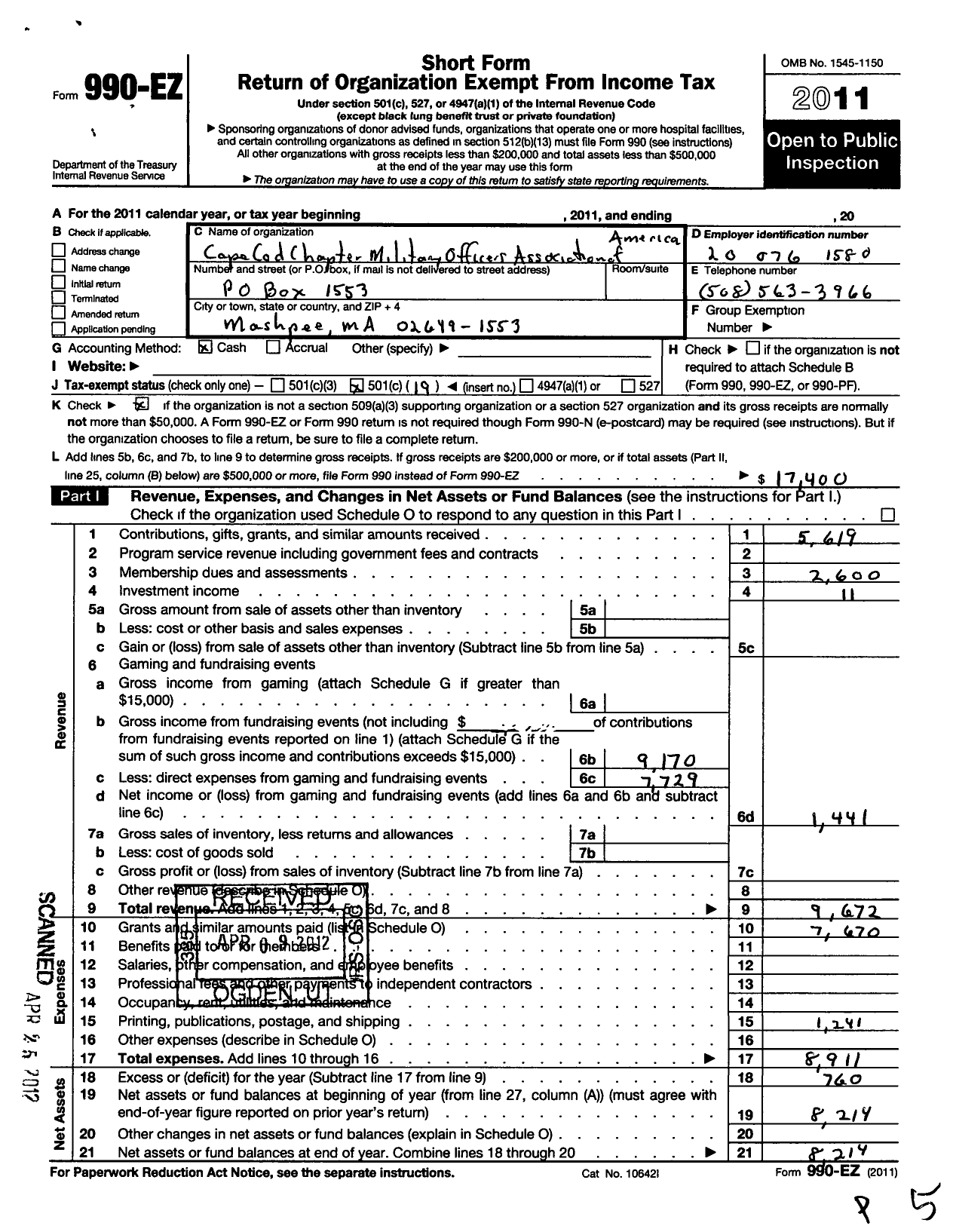 Image of first page of 2011 Form 990EO for Cape Cod Chapter - Military Officers Association of America (CCC-MOAA)