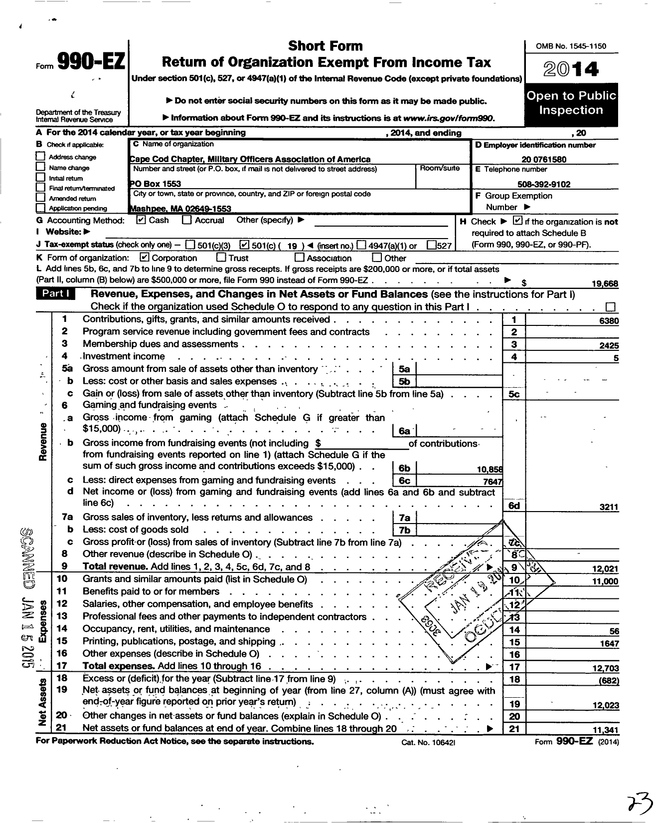 Image of first page of 2014 Form 990EO for Cape Cod Chapter - Military Officers Association of America (CCC-MOAA)