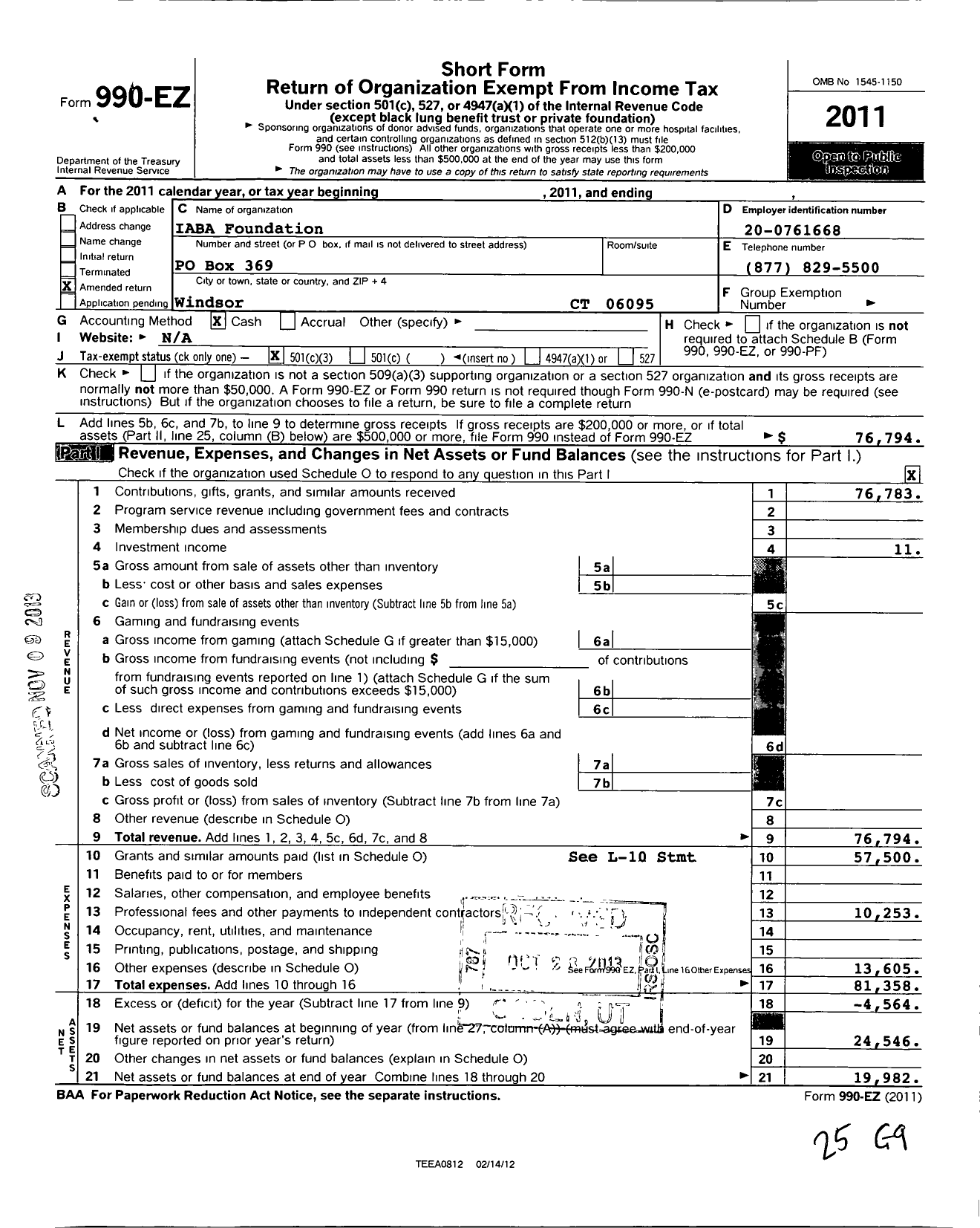 Image of first page of 2011 Form 990EZ for Iaba Foundation