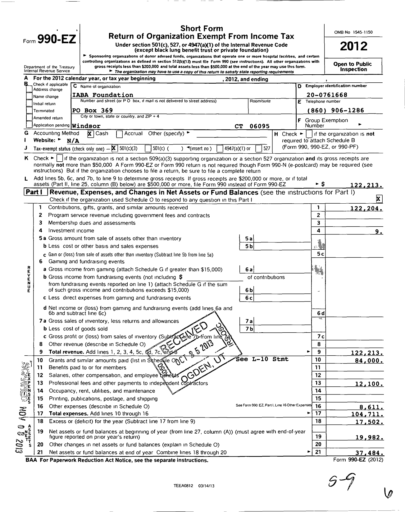 Image of first page of 2012 Form 990EZ for Iaba Foundation