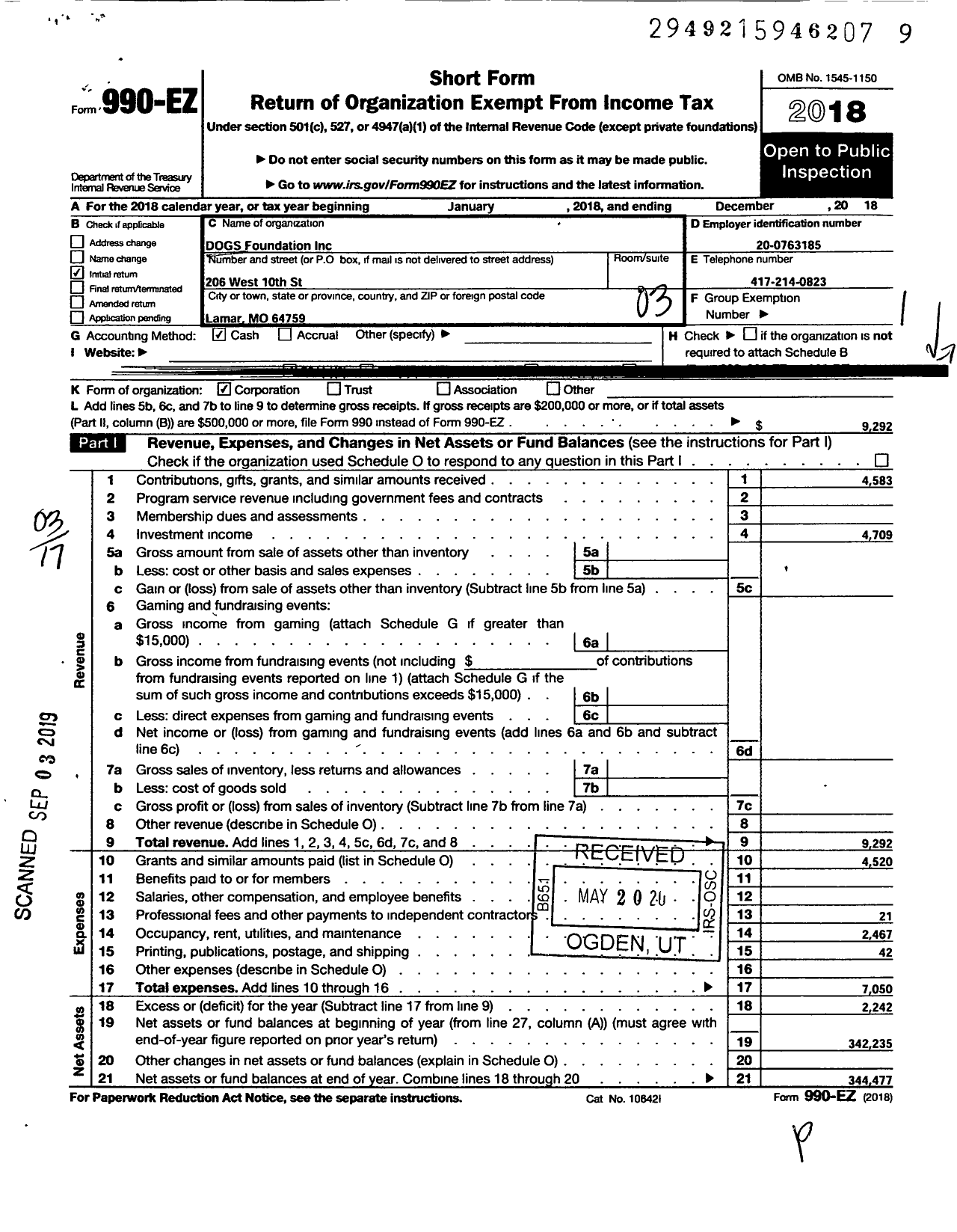 Image of first page of 2018 Form 990EZ for DOGS Foundation