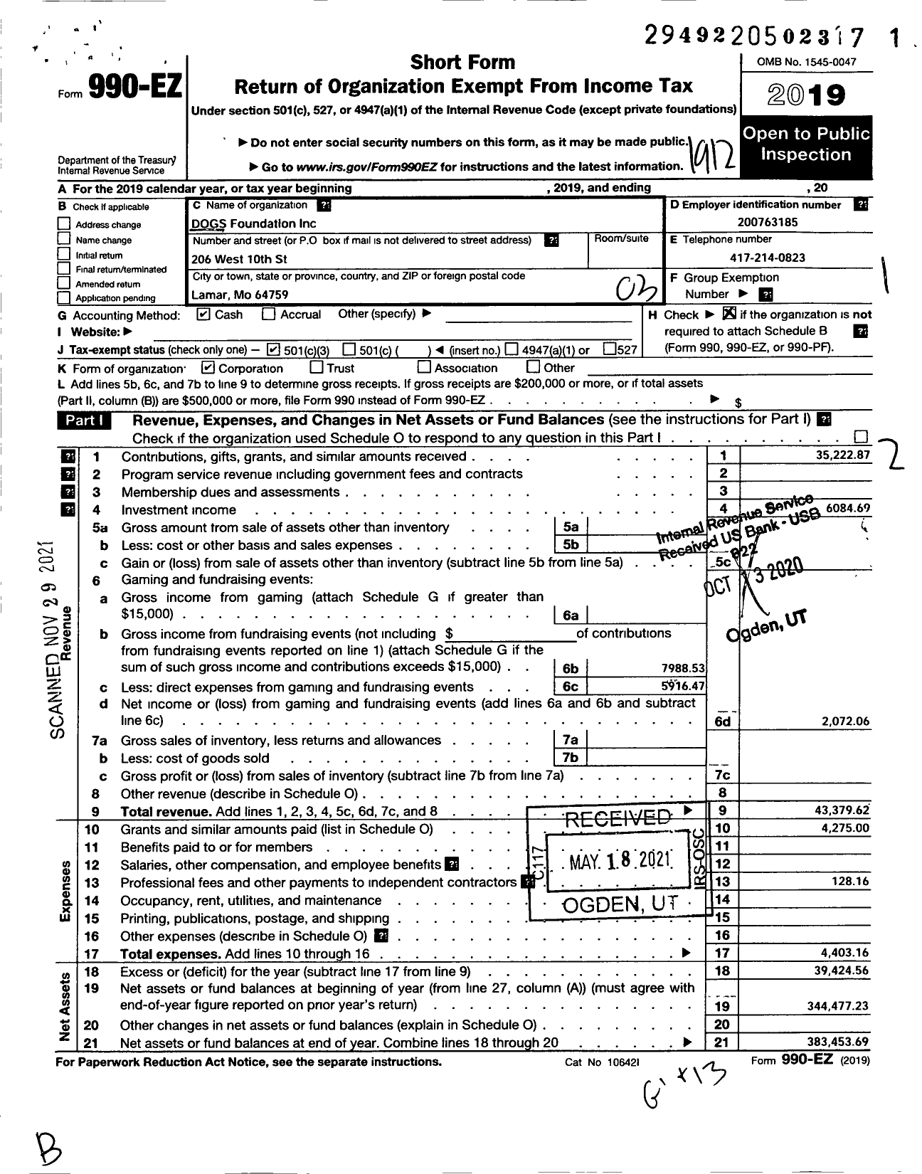 Image of first page of 2019 Form 990EZ for DOGS Foundation