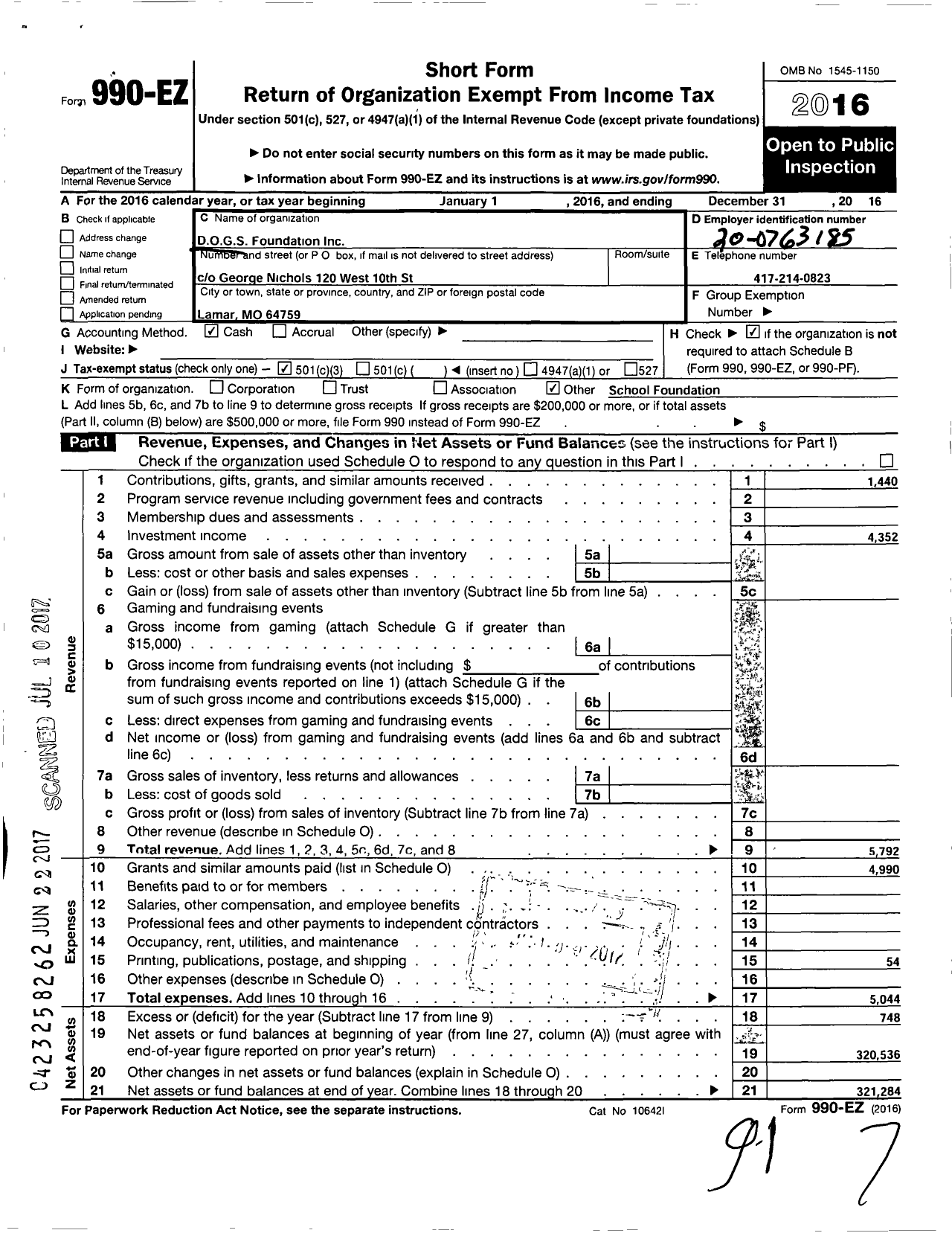 Image of first page of 2016 Form 990EZ for DOGS Foundation