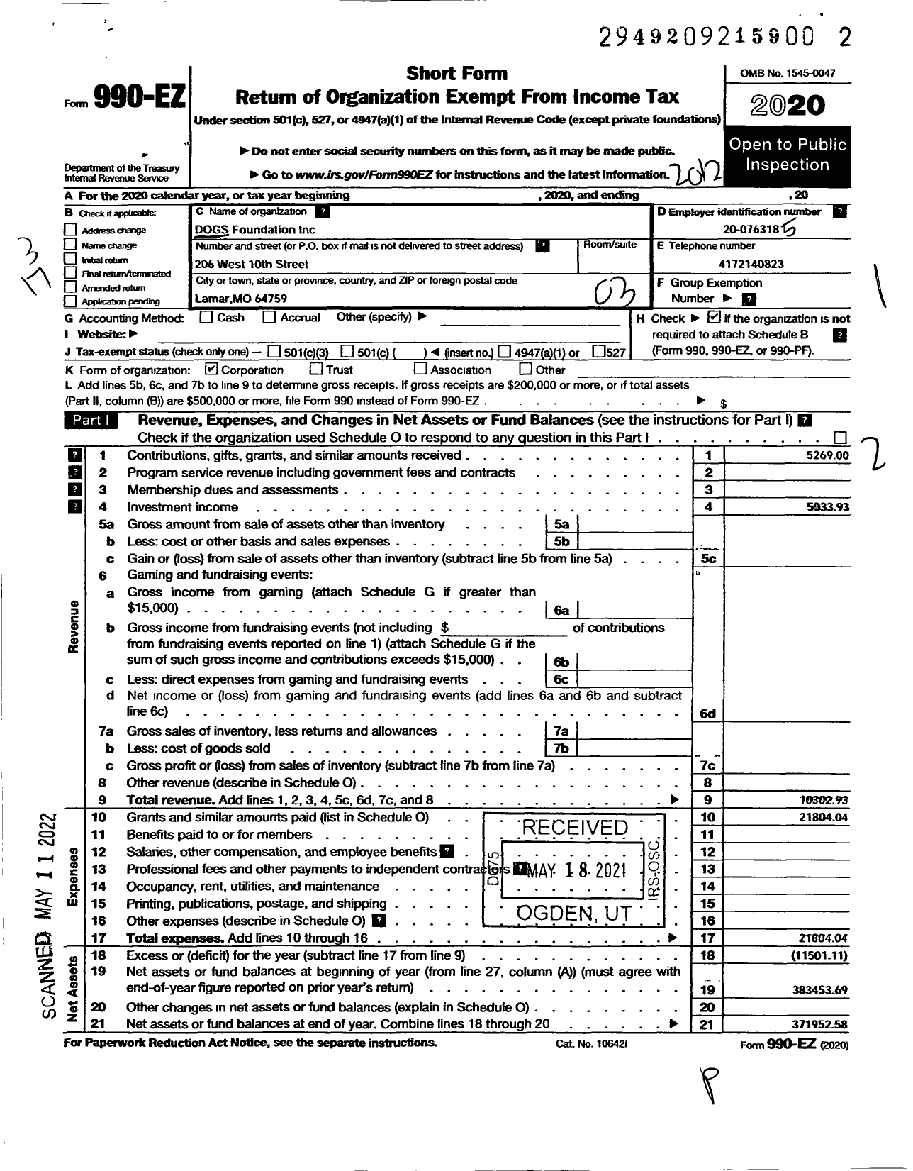 Image of first page of 2020 Form 990EZ for DOGS Foundation