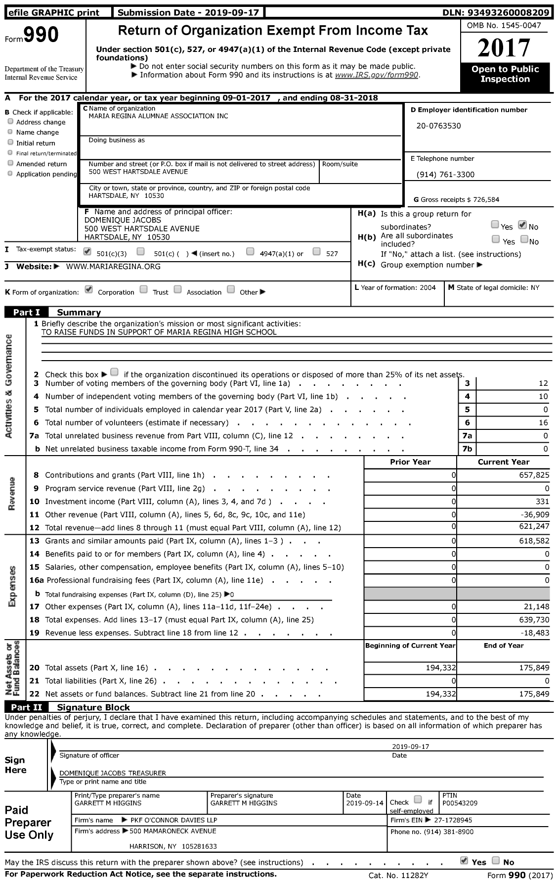 Image of first page of 2017 Form 990 for Maria Regina Alumnae Association