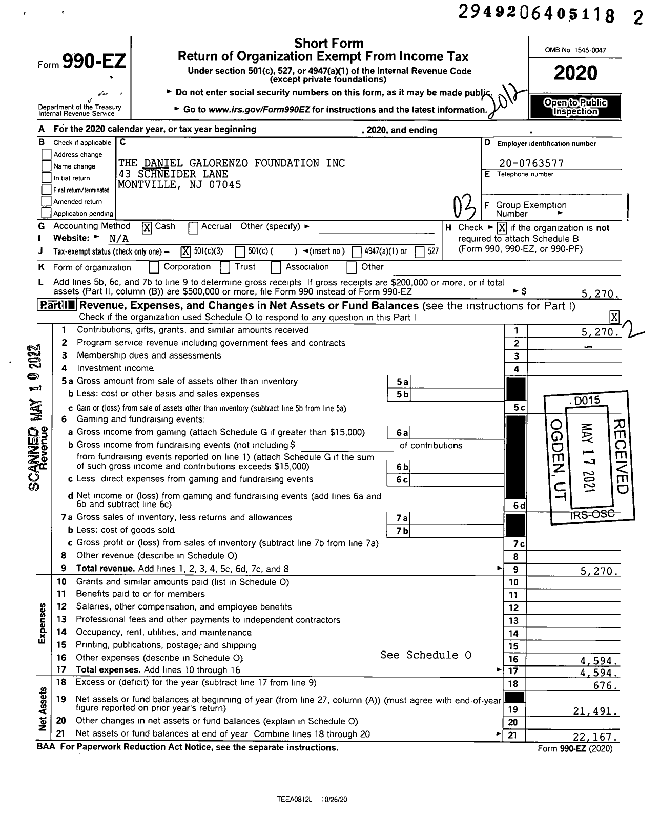 Image of first page of 2020 Form 990EZ for Daniel Galorenzo Foundation