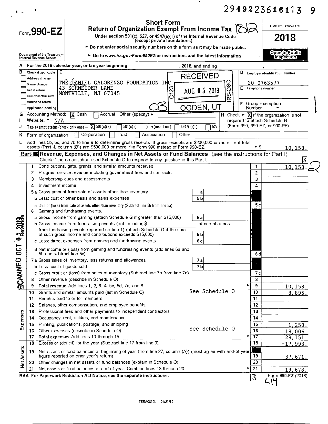 Image of first page of 2018 Form 990EZ for Daniel Galorenzo Foundation