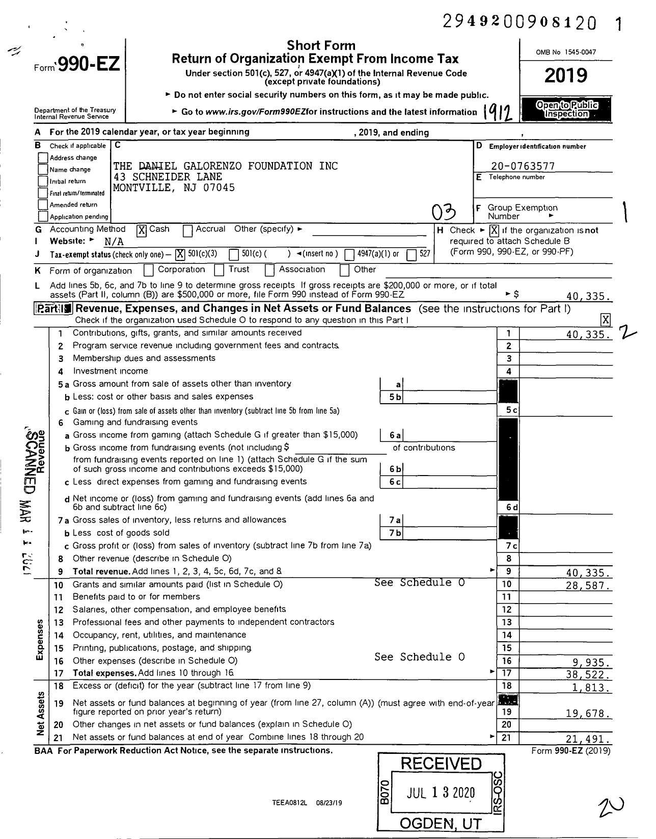 Image of first page of 2019 Form 990EZ for Daniel Galorenzo Foundation